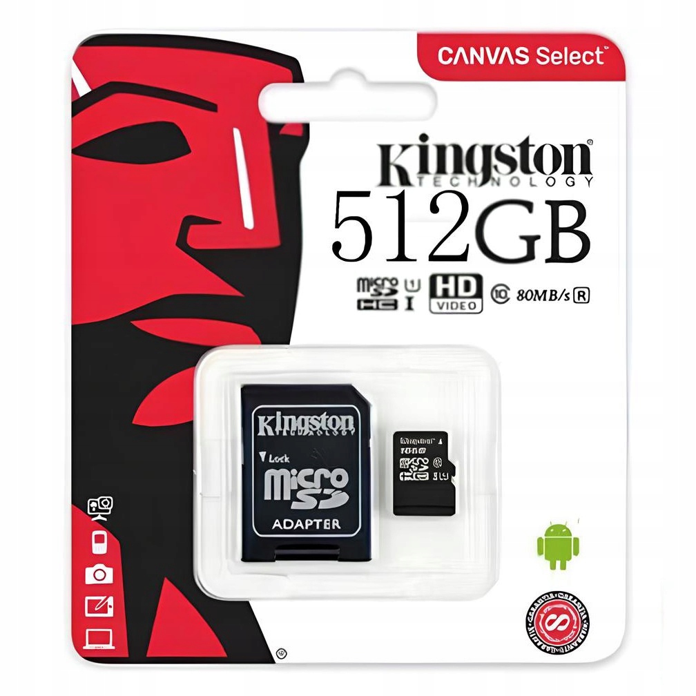 Paměťová karta Kingston Micro Sd 512 Gb, 80 MB/s, třída 10 s adaptérem