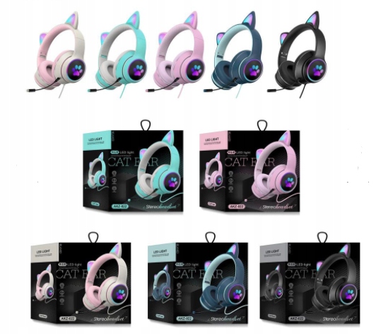 SŁUCHAWKI KOCIE USZY z mikrofon ŚWIECĄCE USZY RGB Marka Greifen