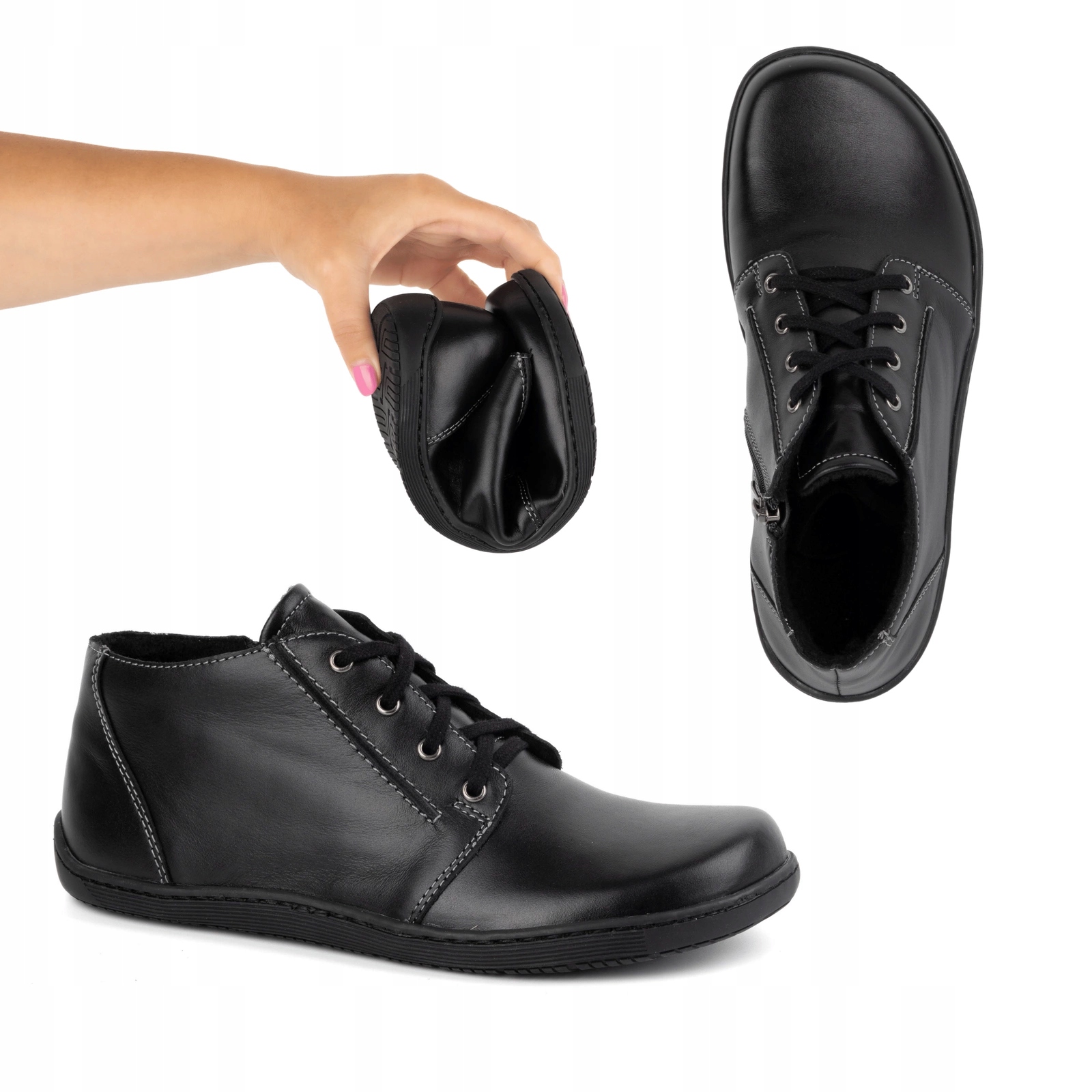 Dámské kožené boty Barefoot nad kotník se zipem 787, černé, velikost 42