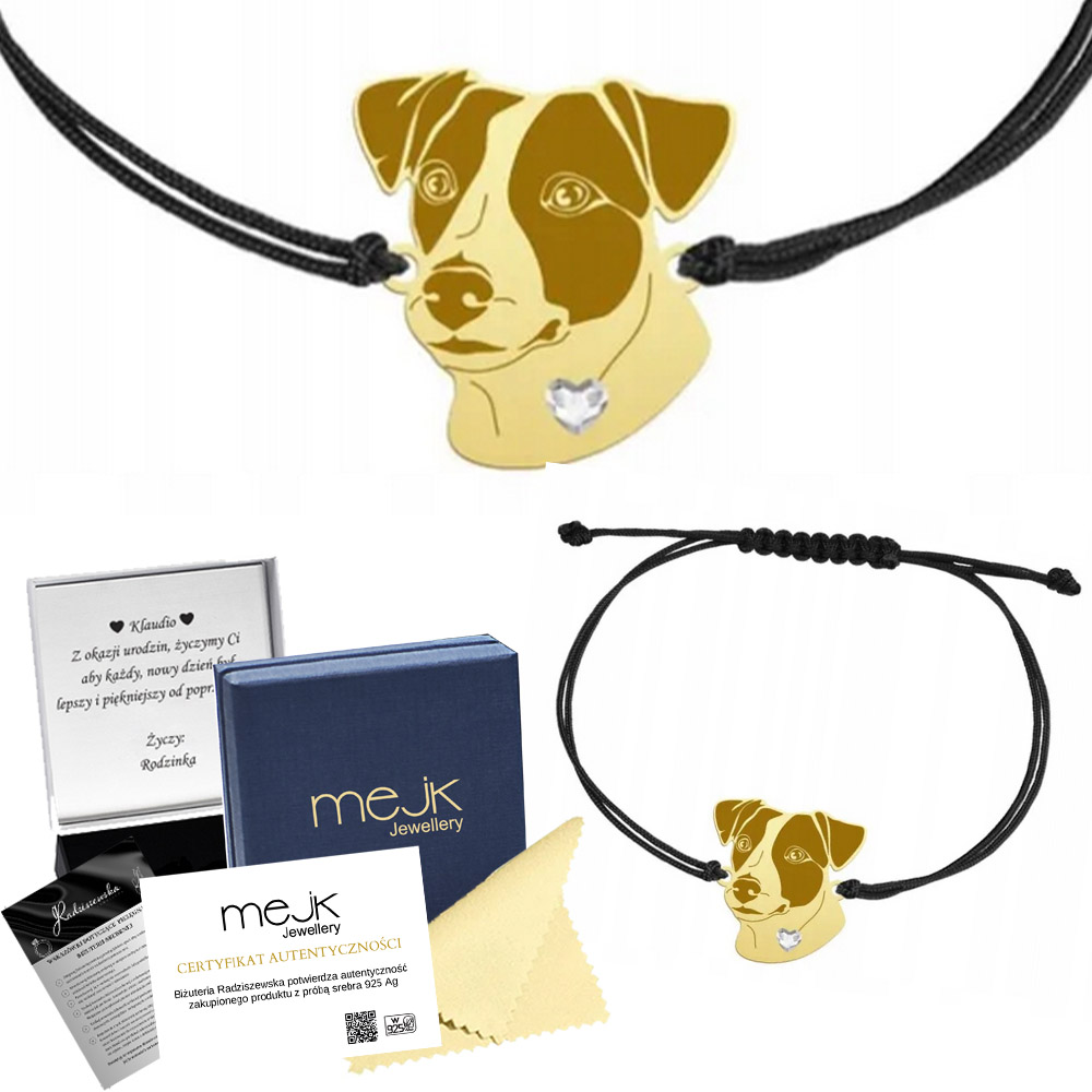 Zlatý náramek s Jack Russell Terrierem Krátkosrstý 925, šňůrka Gravírování