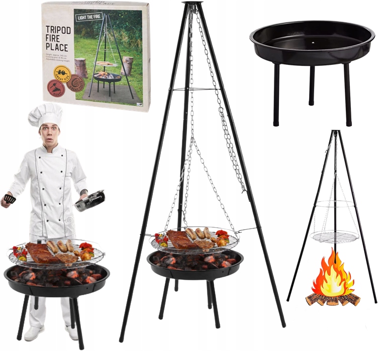 GRILL WISZĄCY OGRODOWY TRÓJNÓG PALENISKO OKRĄGŁY