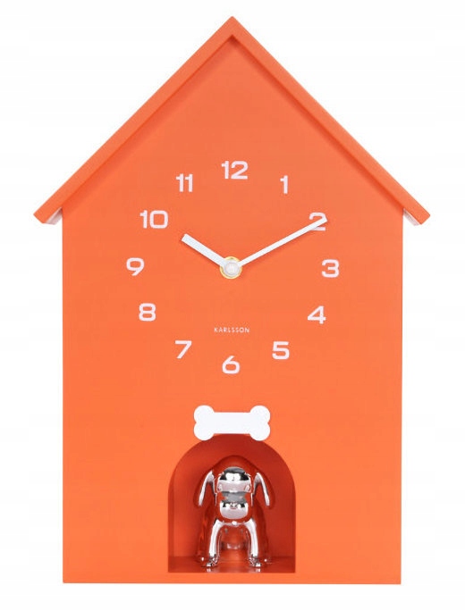 Oranžové Skříňkové Nástěnné Hodiny Karlsson KA6096 Štěkání Psa 24x35 cm