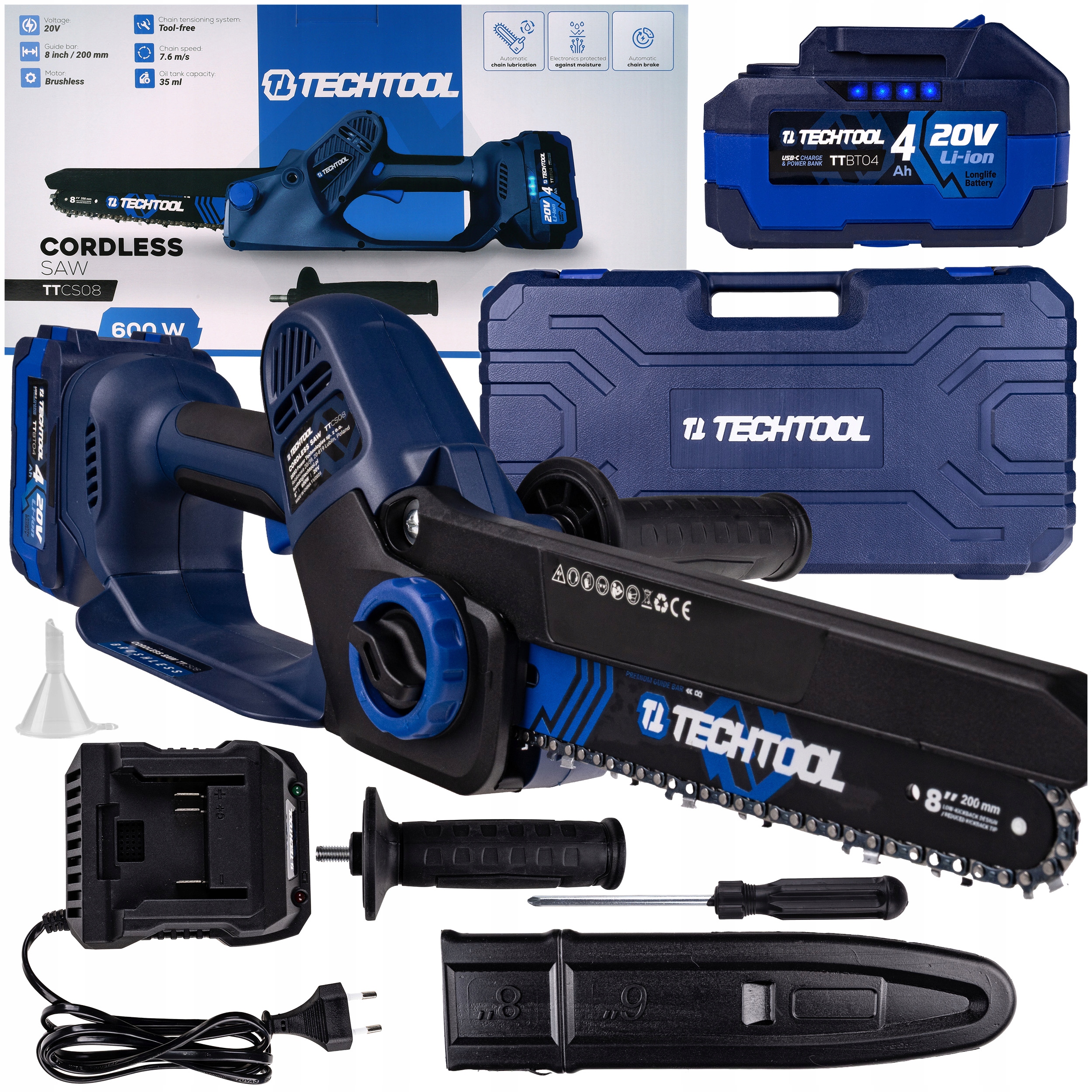 Aku Řetězová Pila Pila 8" Větvička Kufr 4AH Techtool