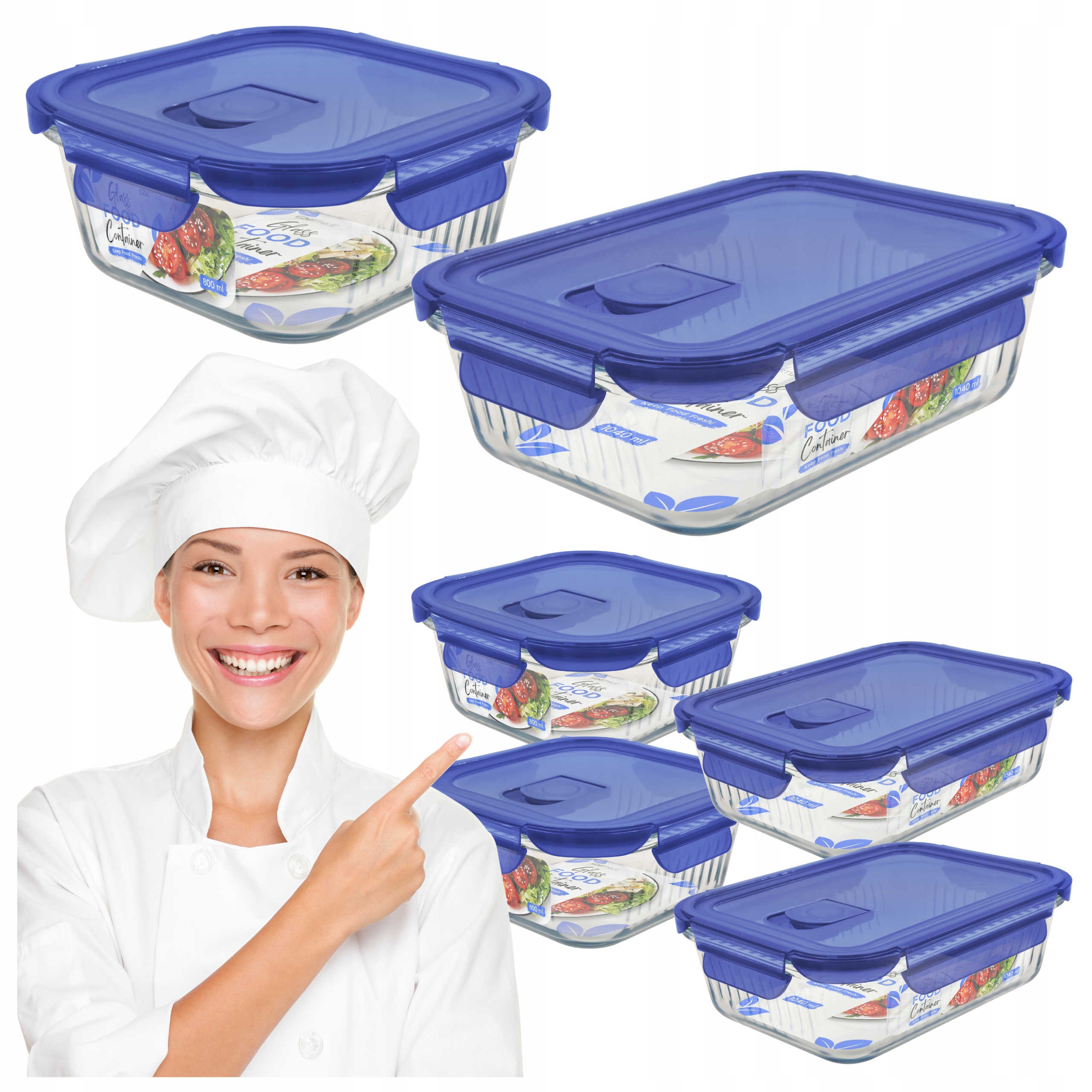 Pojemnik szklany na żywność żaroodporny 3x 800ml 3x 1040ml Blue zestaw