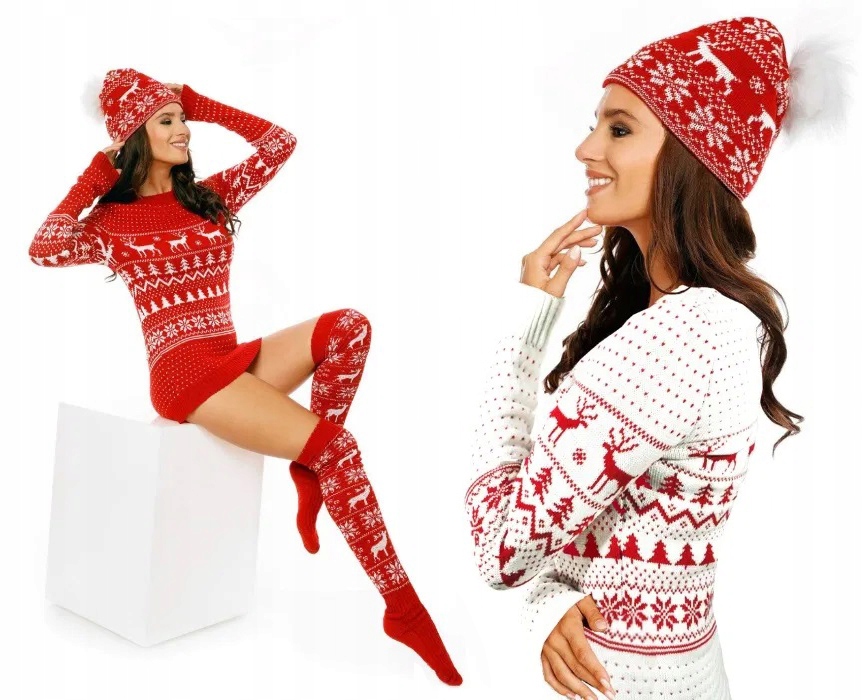 KOMPLET ŚWIĄTECZNY SWETER PODKOLANÓWKI CZAPKA BIAŁY ŚWIĘTA PREZENT + GRATIS Rozmiar uniwersalny