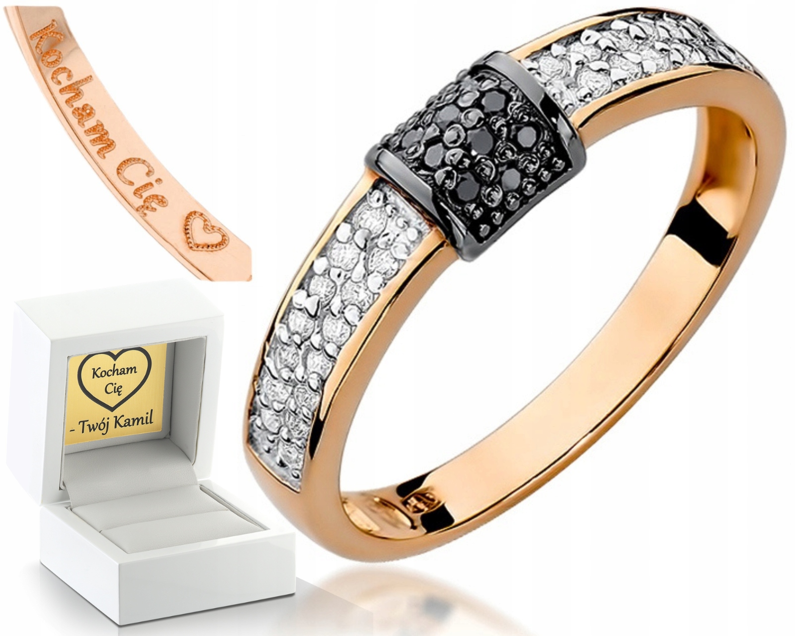 Růžové Zlato Prstýnek Černé Brilianty Gravírování