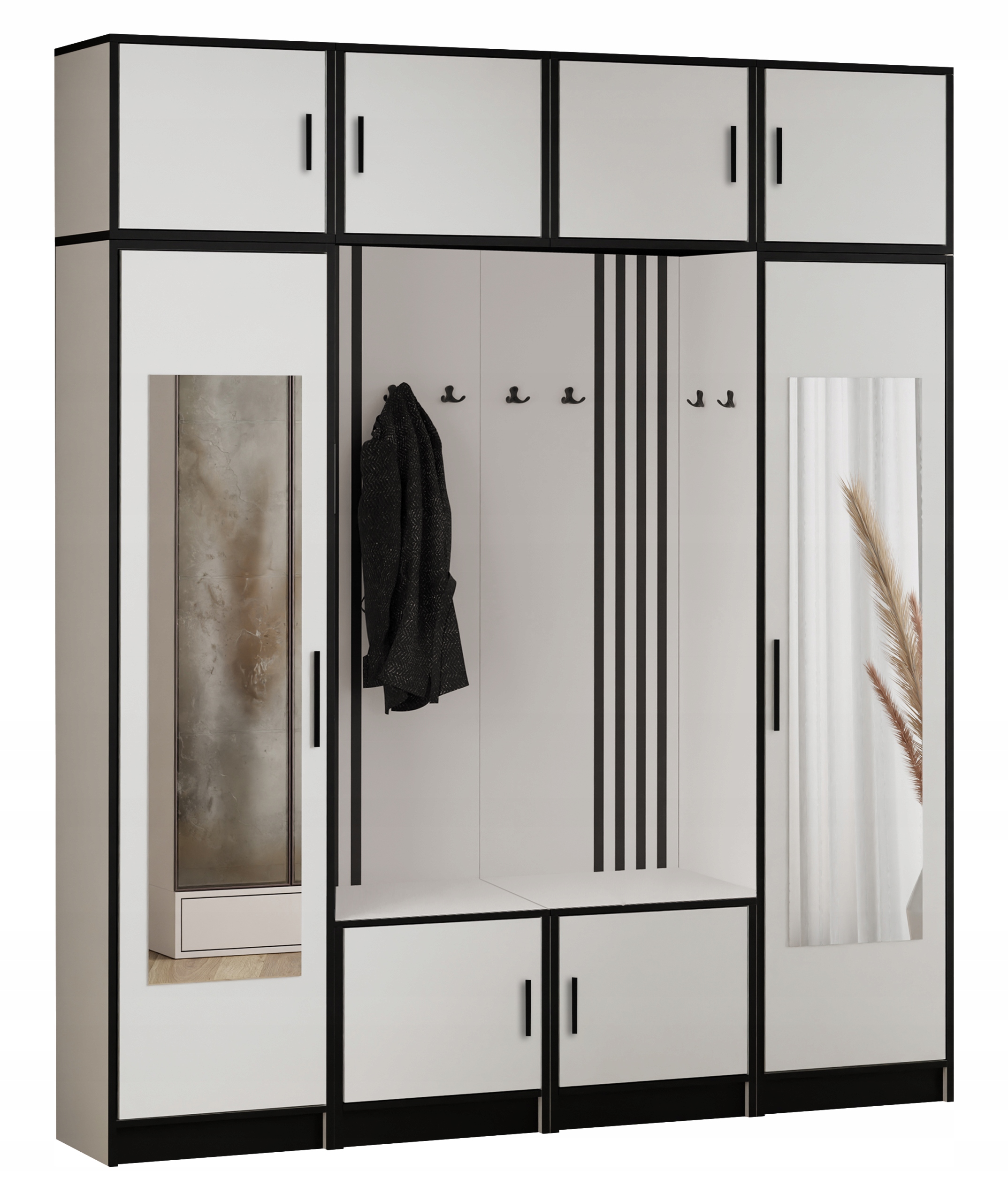 Šatní skříň Dior 18 Bílý lamelový sedák se zrcadlem a nástavcem