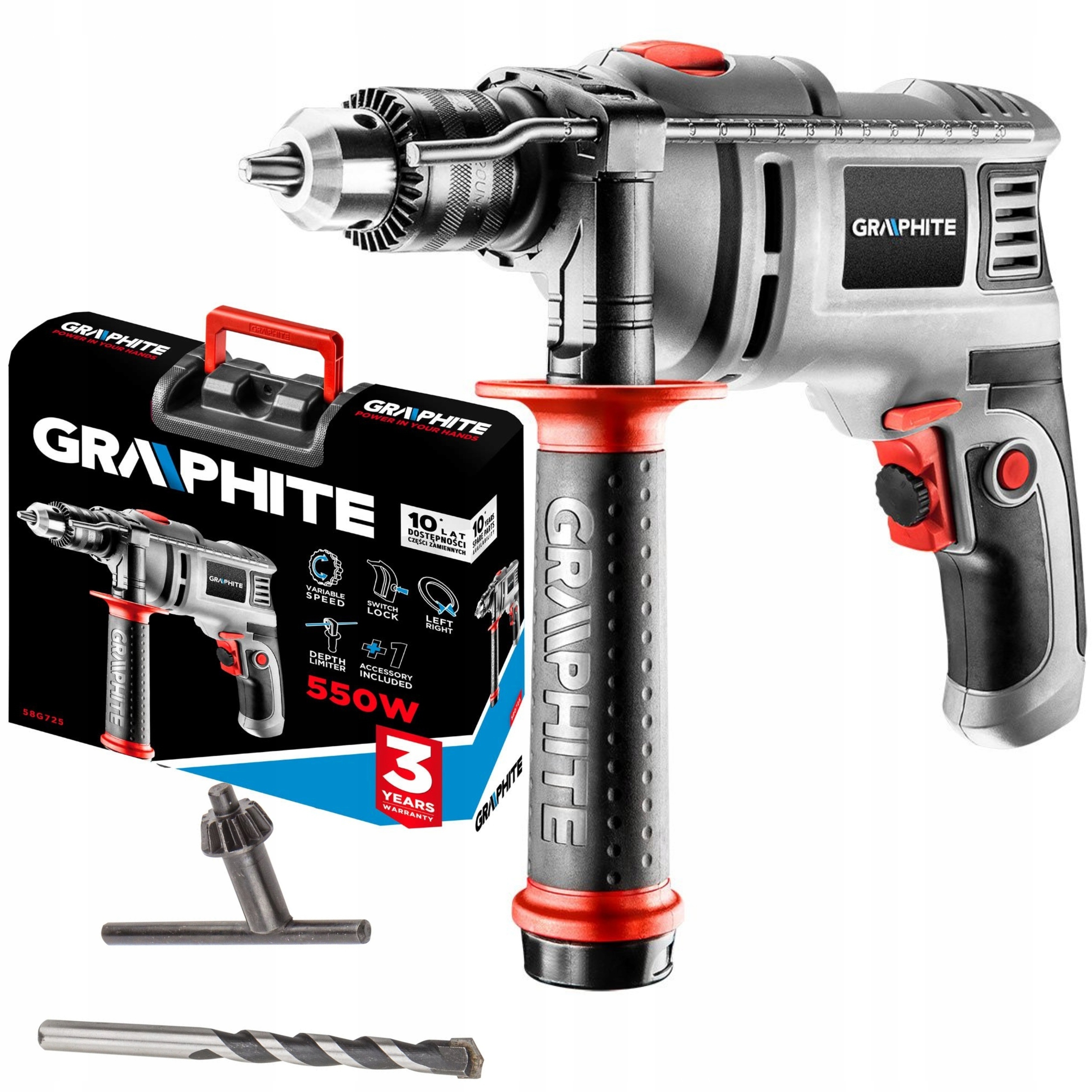 GRAPHITE WIERTARKA UDAROWA 550W 230V UCHWYT KLUCZYKOWY 13 MM WALIZKA 58G725