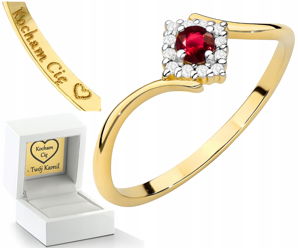 Zlatý Prstýnek Přírodní Kámen Rubín A Diamanty Dárek Zlato 585 14K