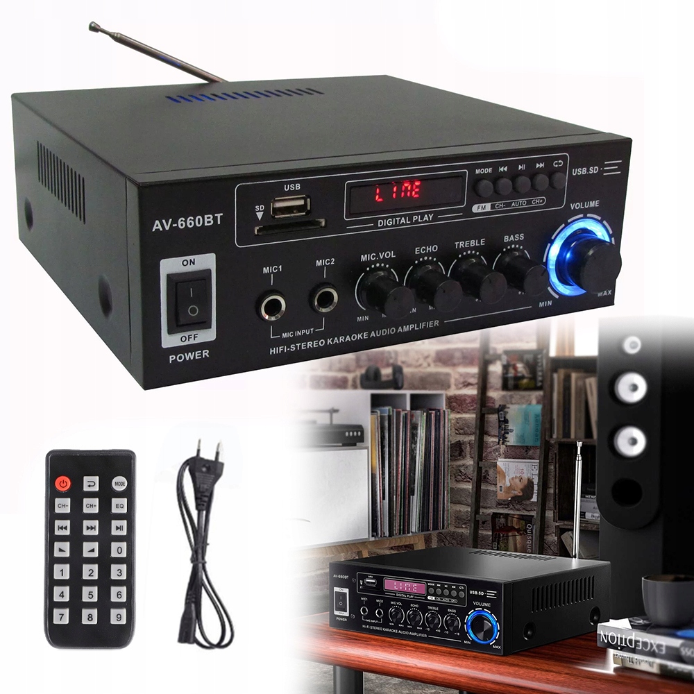 Mini Zesilovač AV-660BT Hifi Bluetooth 5.0 S Dálkovým Ovládáním
