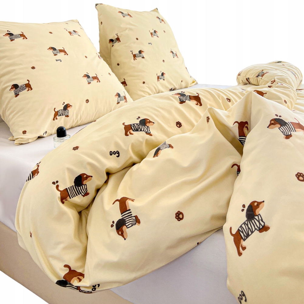 Komplet pościeli 200x220 zestaw dwustronna beżowa w jamniki pieski modna
