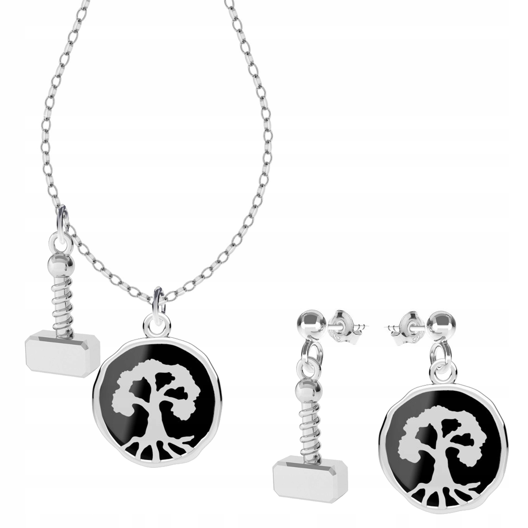 Dřevo Yggdrasil A Kladivo Mjolnir Wiking Stříbrný komplet rolo oval stříbro 925