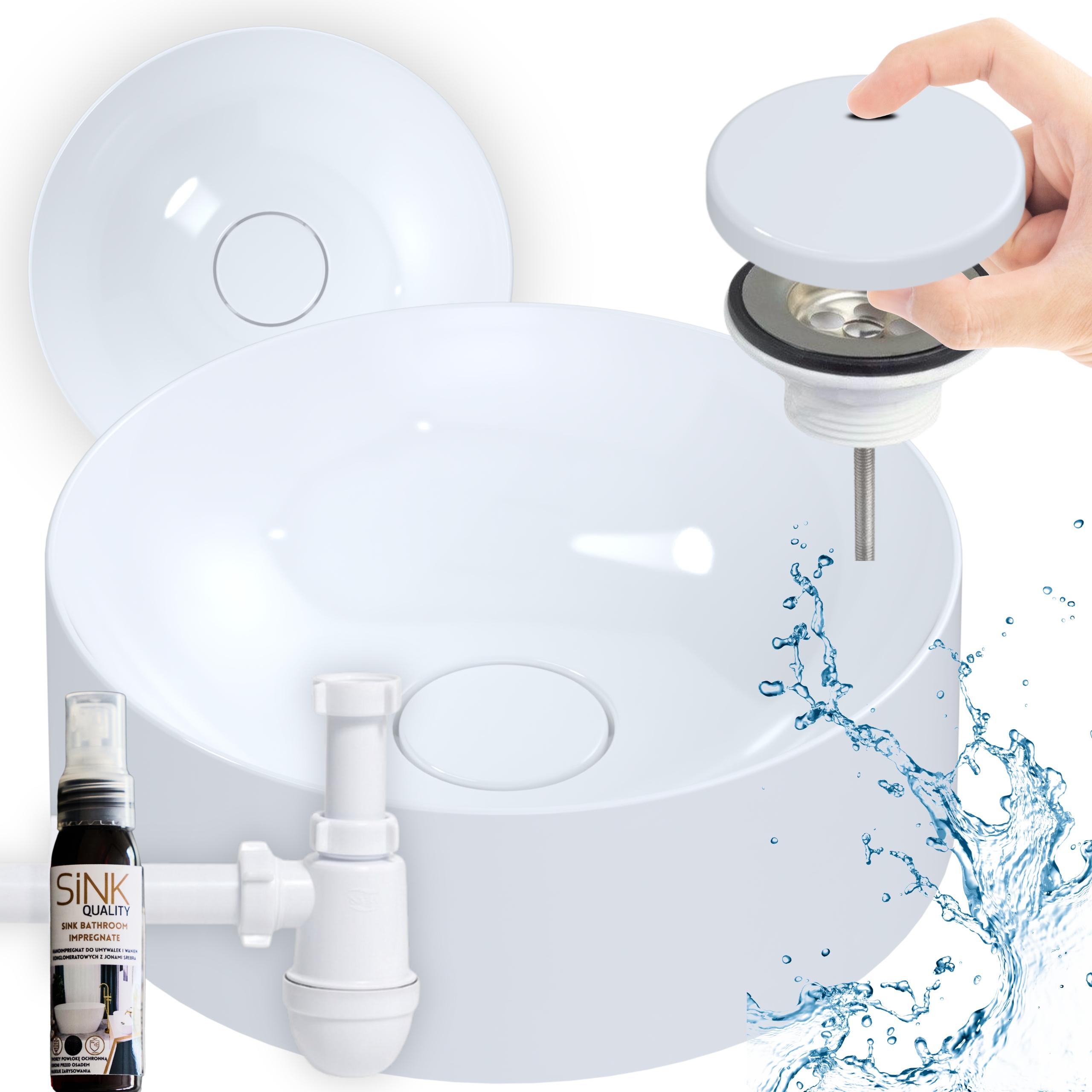 Umyvadlo Na Desku 40 Konglomerát kulaté Set Sifon Bílá kryt