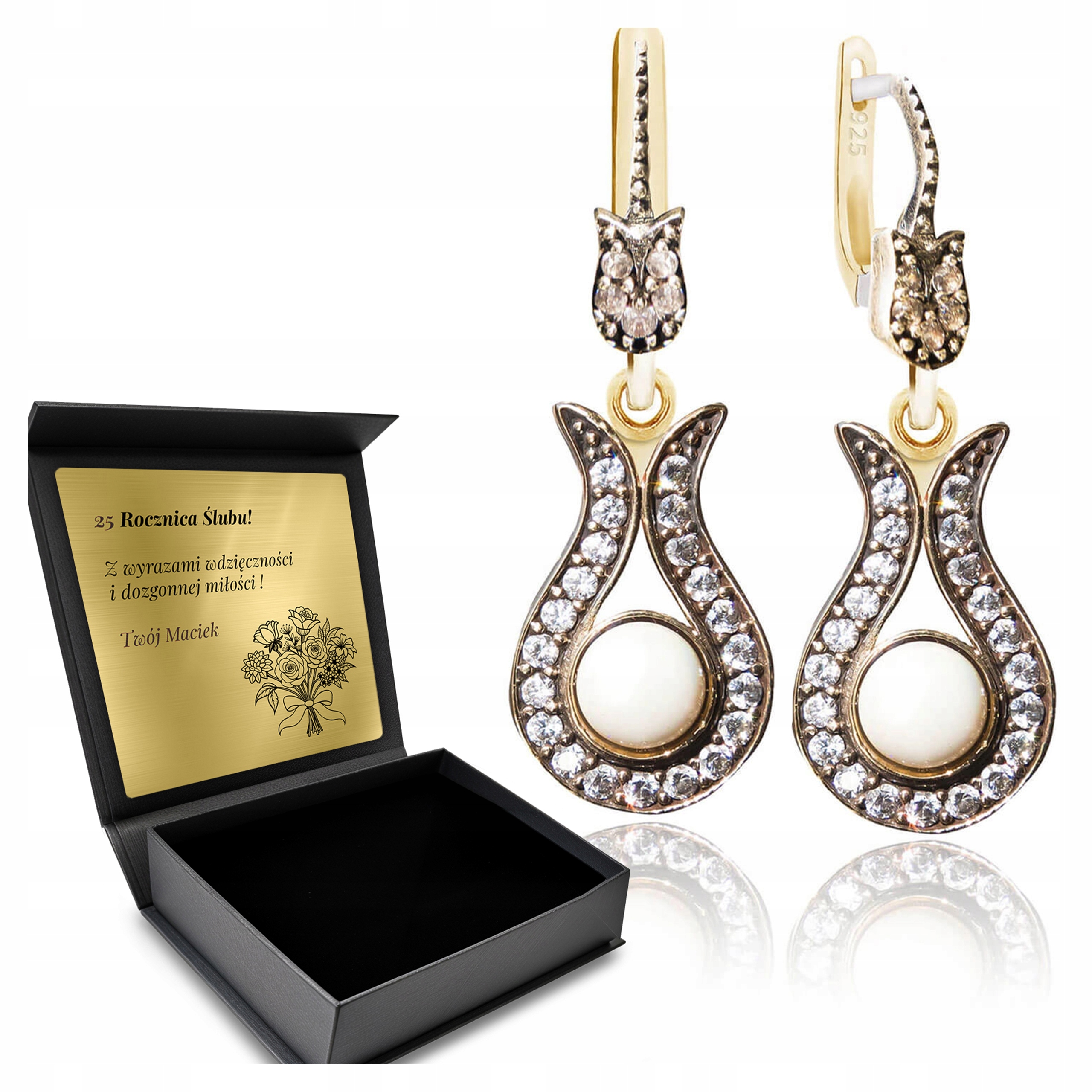 Stříbrné Náušnice 925 Zirkony Perla Dárek pro ženu Gravírování Bonus