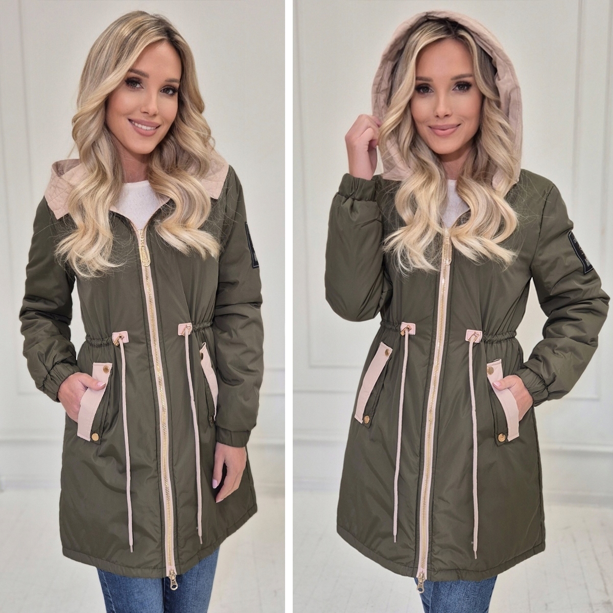 KURTKA DAMSKA_ŚCIĄGACZ W TALII_JESIENNA_PRZEJŚCIOWA Z KAPTUREM PARKA XXL Kaptur z kapturem
