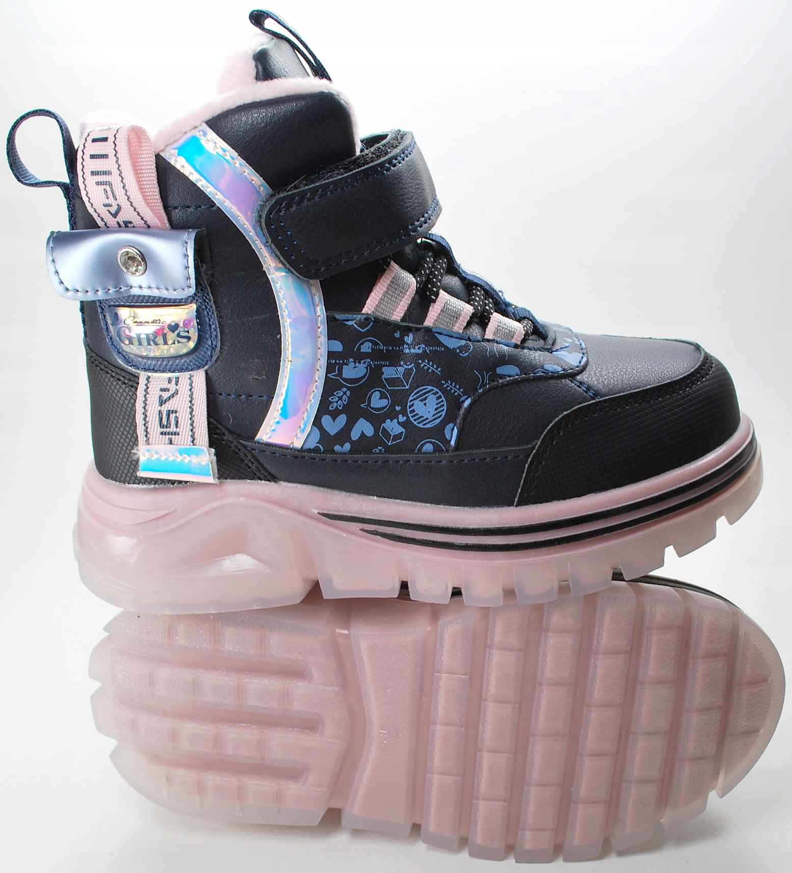 Granatowe ocieplane naturalnym futrem kozaki dla dziewczynki zima rzep 29 Kolor dodatkowy różowy