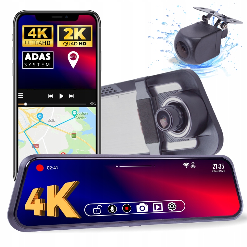 Kamera Automobilová 4K 2K Videorekordér Gps WiFi Zrcátko Přední Zadní Adas