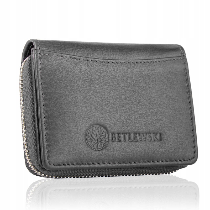 Betlewski Skórzany portfel damski portfelik mały suwak karty ochrona Rfid