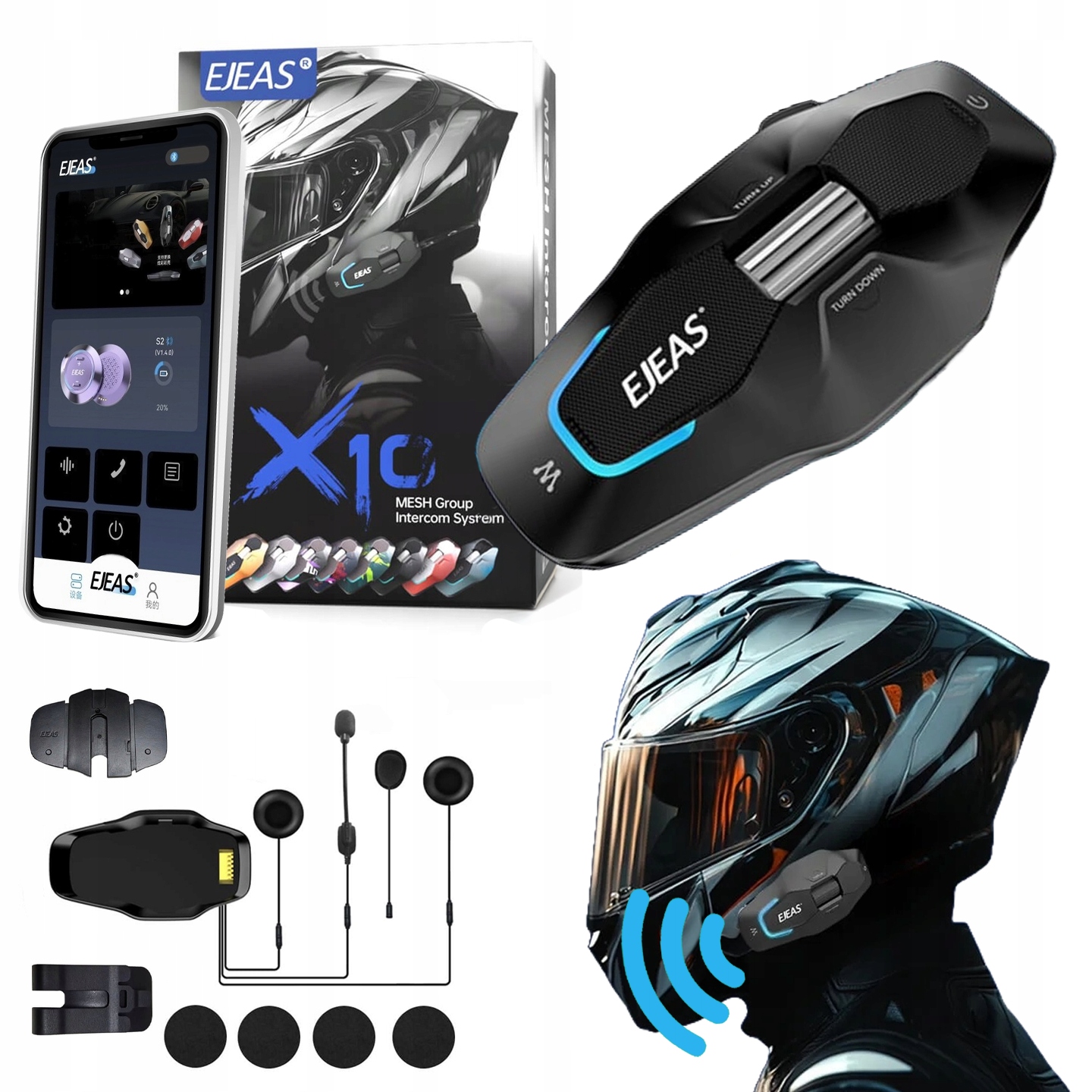 Motocyklový interkom Ejeas X10 Mesh 4.0 Bluetooth 5G dosah 1,5 km AIRm