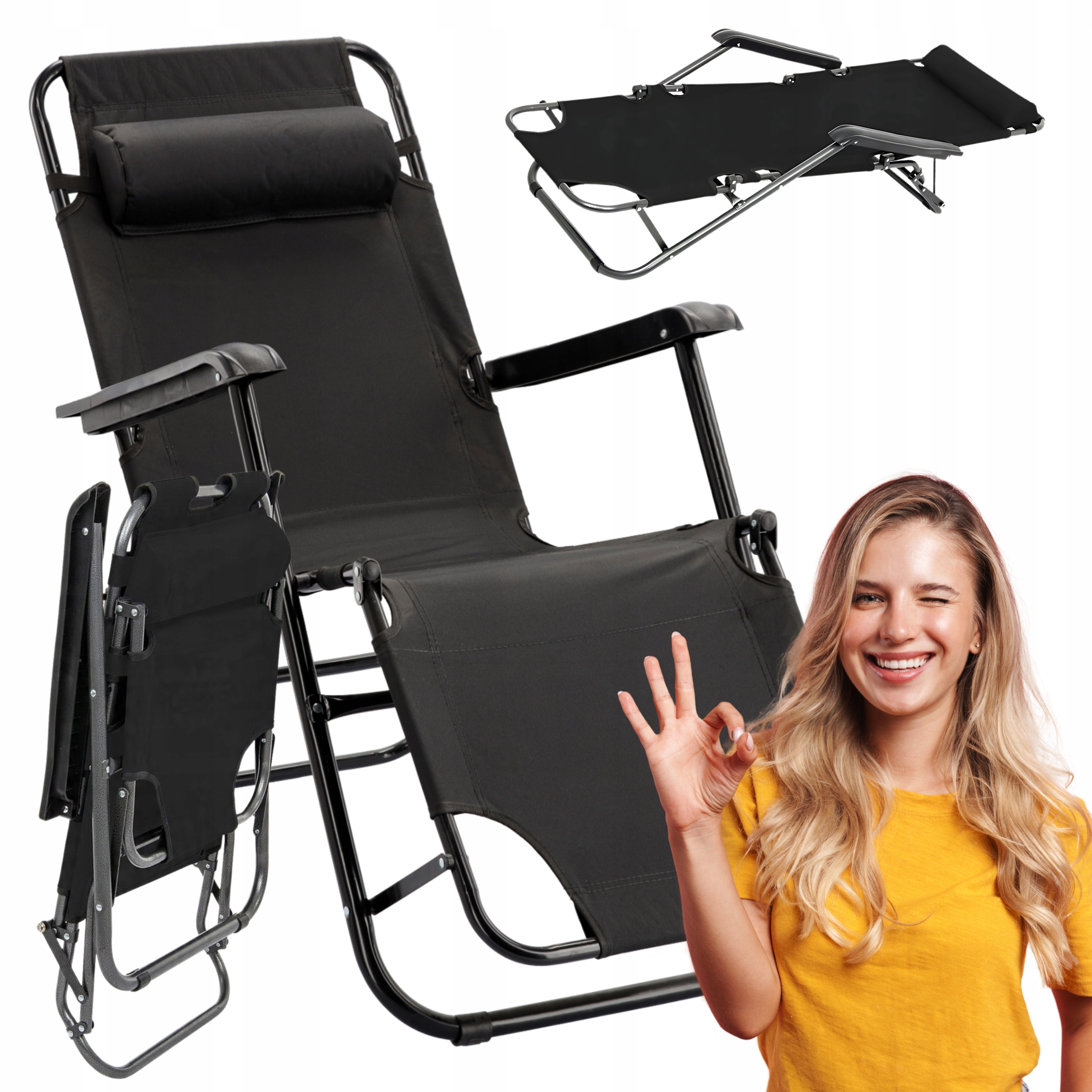 Leżak Ogrodowy Z Zagłówkiem Regulowany Składany czarny Plażowy Na Taras