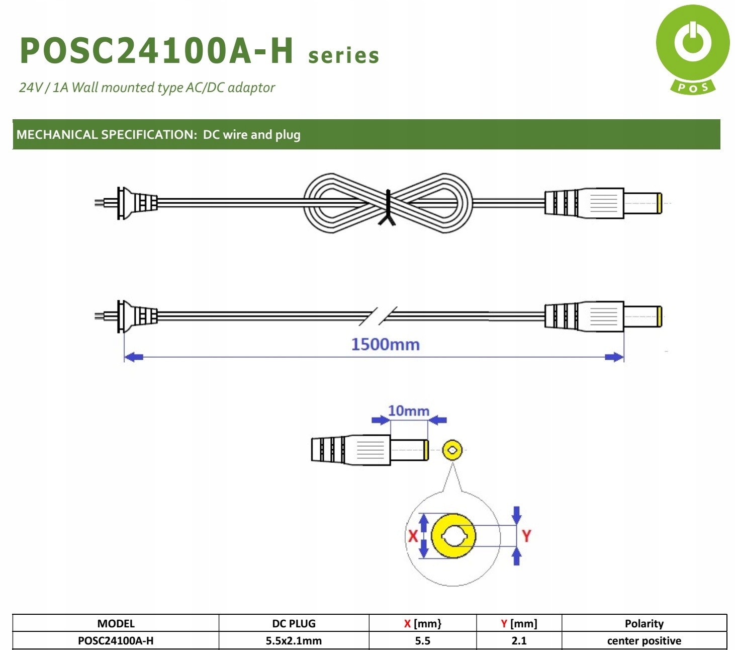 ZASILACZ IMPULSOWY 24V/1A DC 2.1/5.5 POSC24100A-H Stan opakowania oryginalne