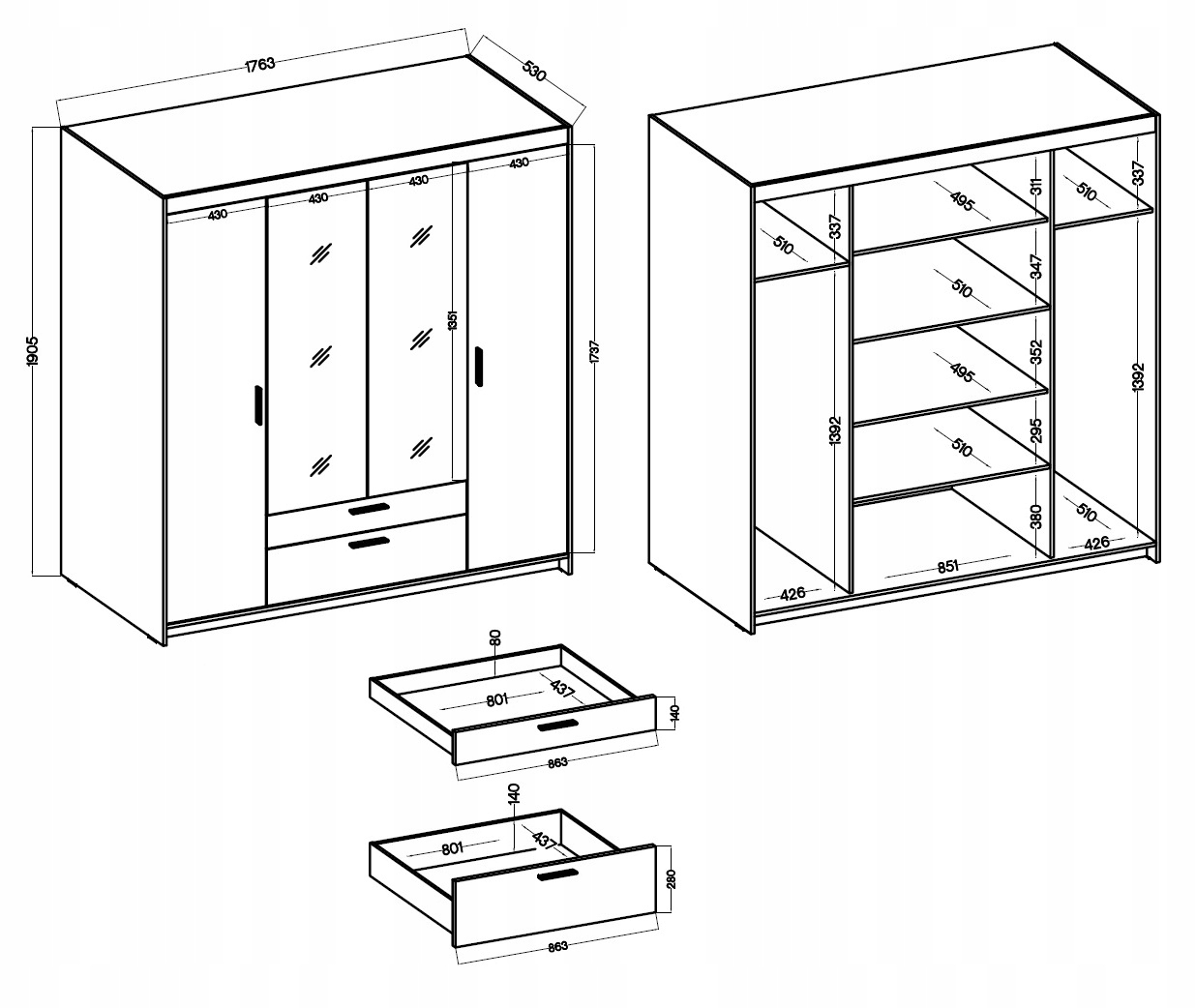 Szafa CZTERODRZWIOWA Garderoba Lustro EDEN Sonoma Głębokość mebla 53 cm