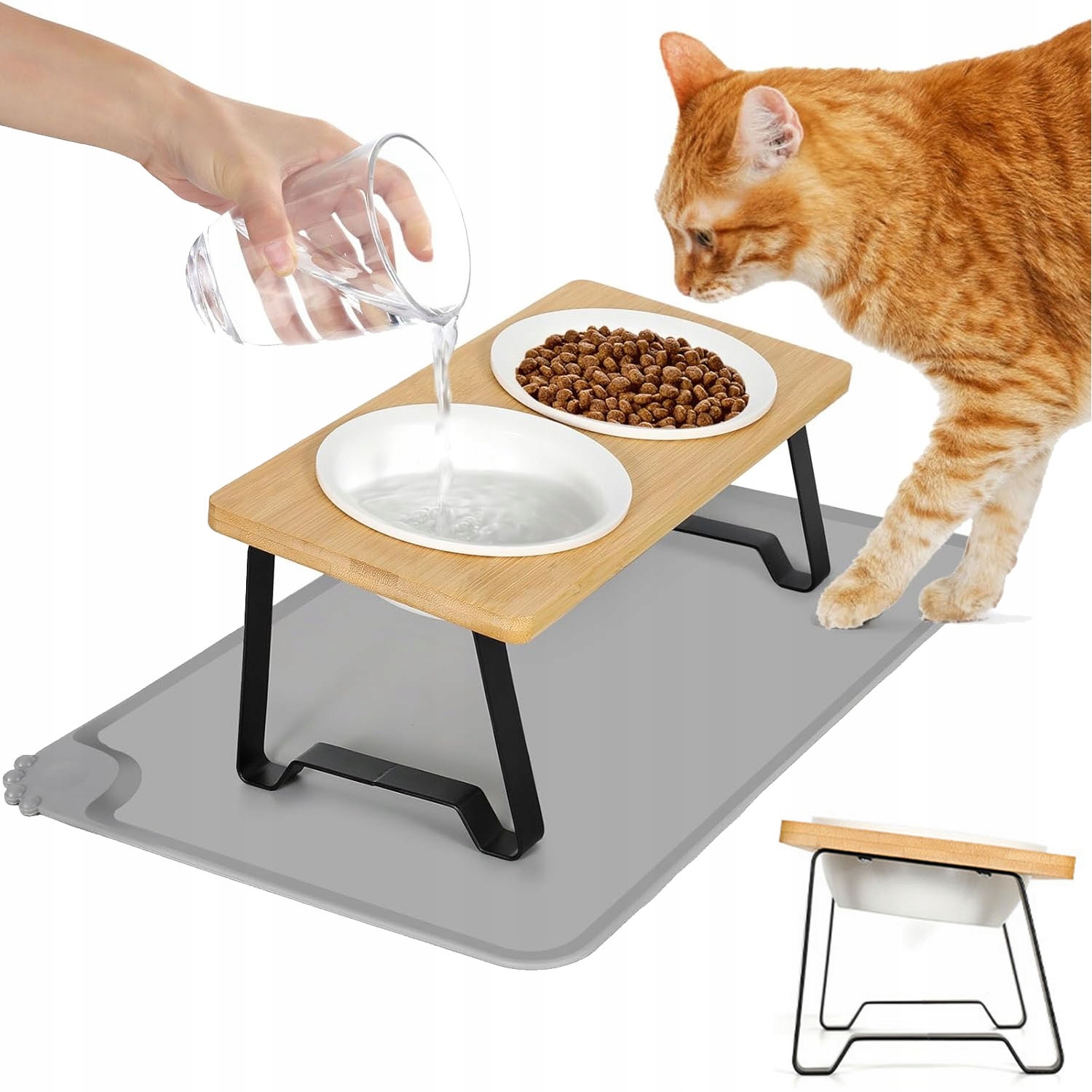 Levně Stojan na krmení se 2 keramickými miskami Silikonová podložka pro kočky a psy