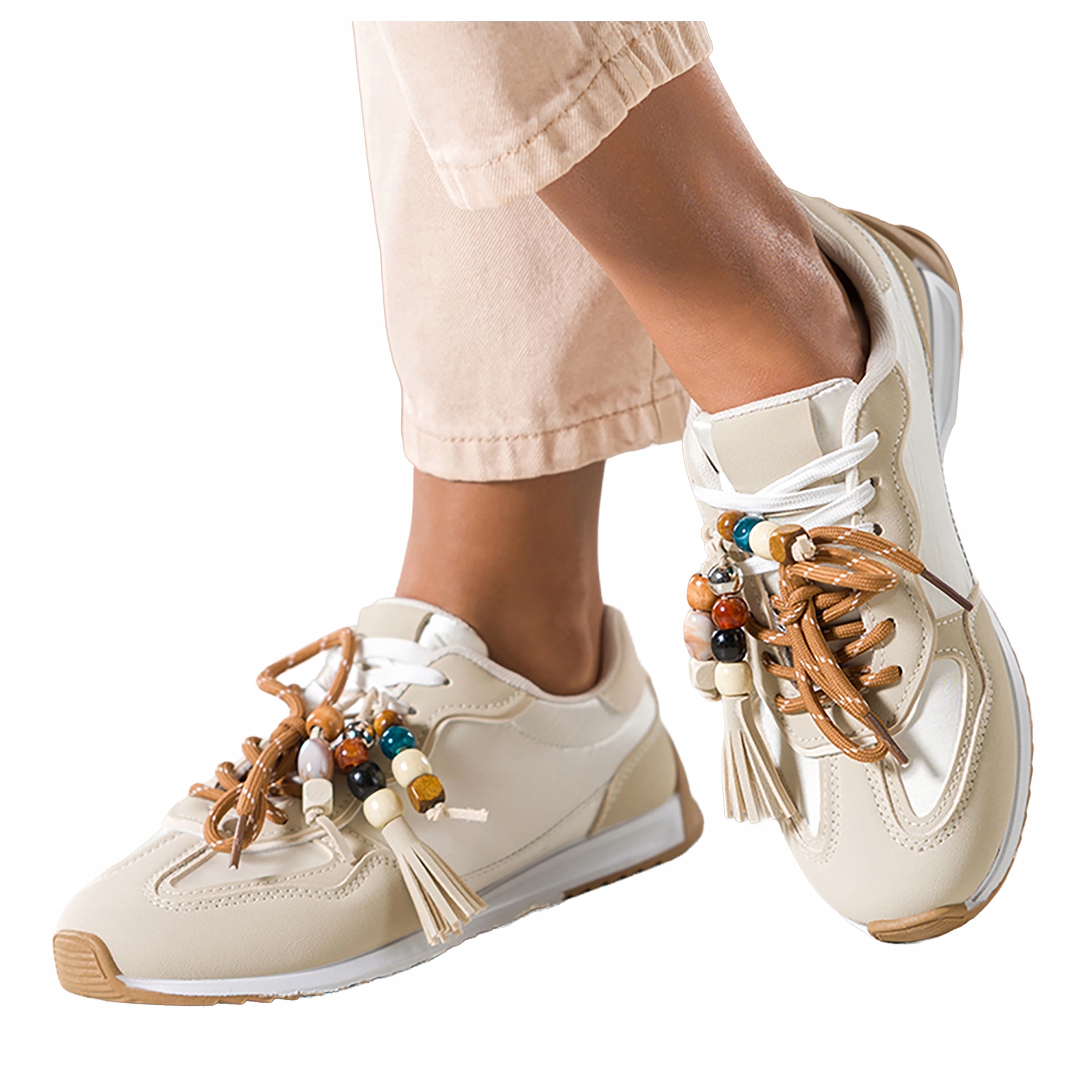 Sneakersy Světle béžové Dámské Sportovní Šněrovací s korálky Modne r 36