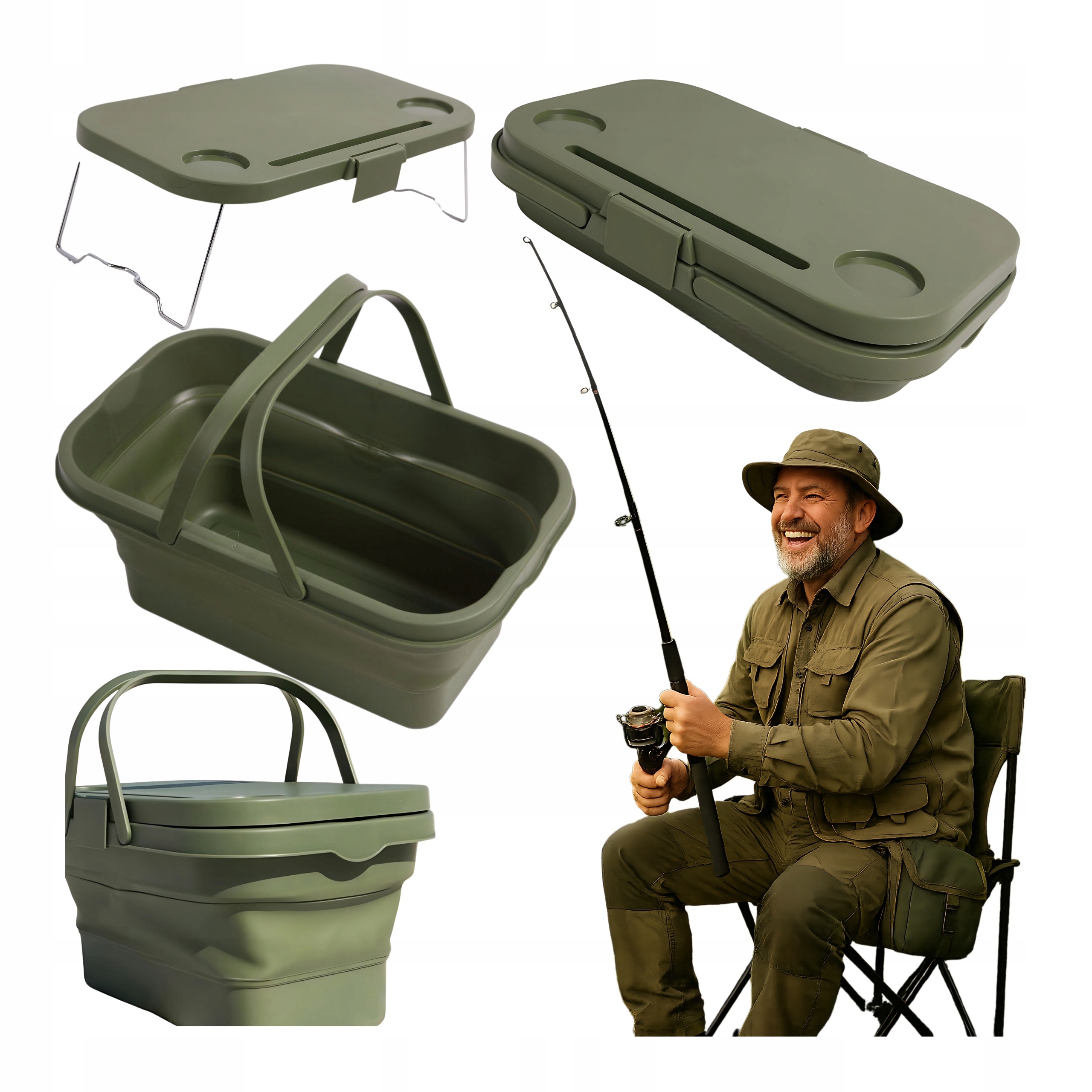 Koszyk Kosz Piknikowy Wędkarski Torba Stolik Składany Uchwyty 3w1 15L Taca