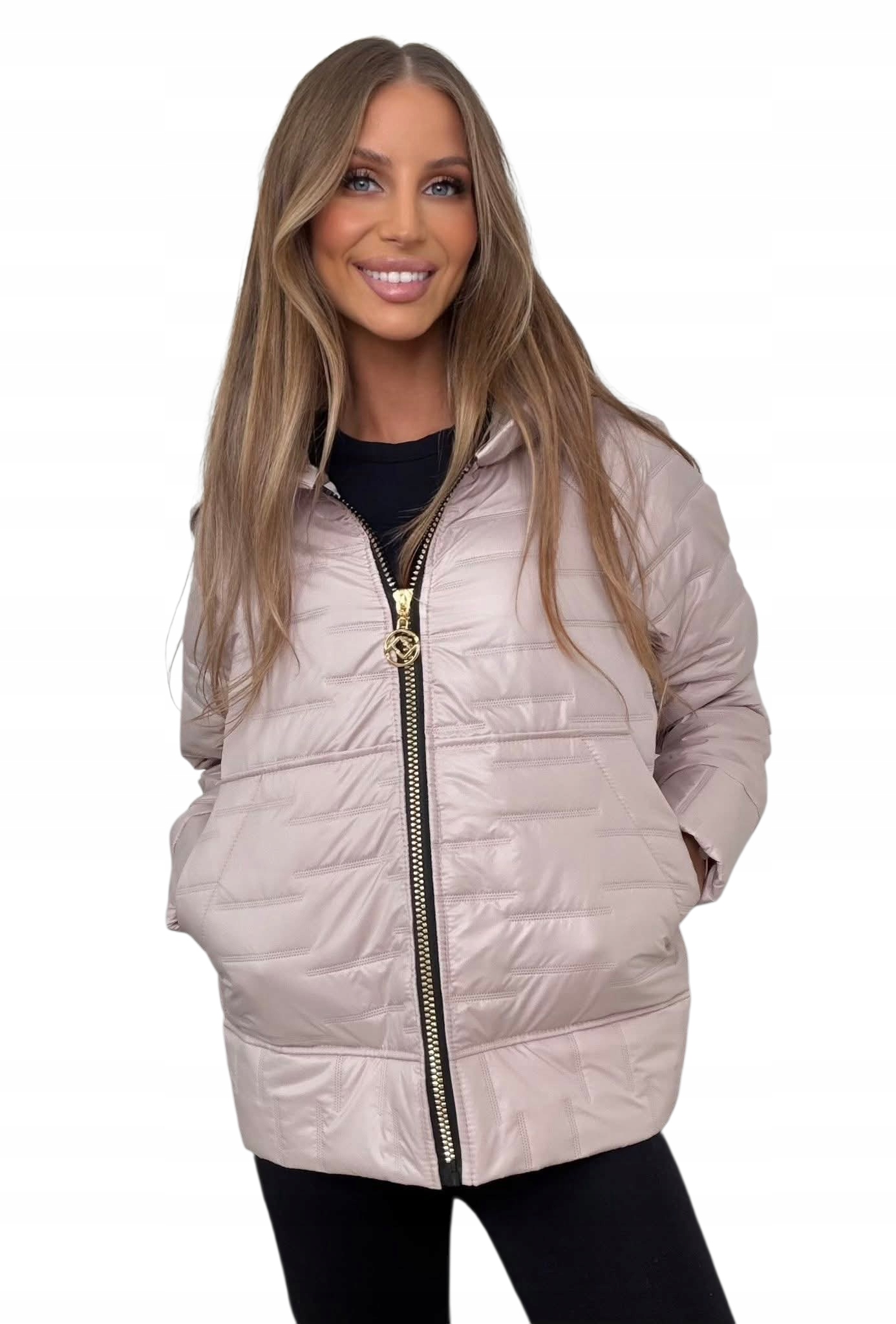 Lehká prošívaná bunda s kapucí, velikost plus size, barva pudrově růžová Velikost 50/52