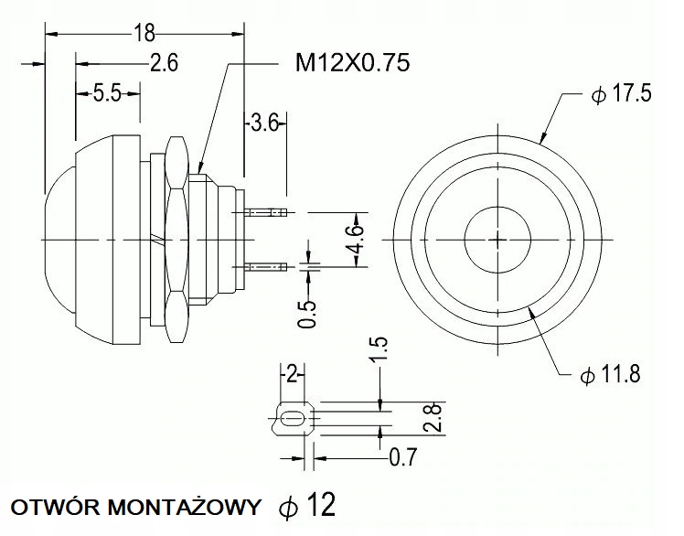 Przycisk chwilowy monostabilny PBS-33 czarny 1A Typ przełącznika przyciskany standardowy