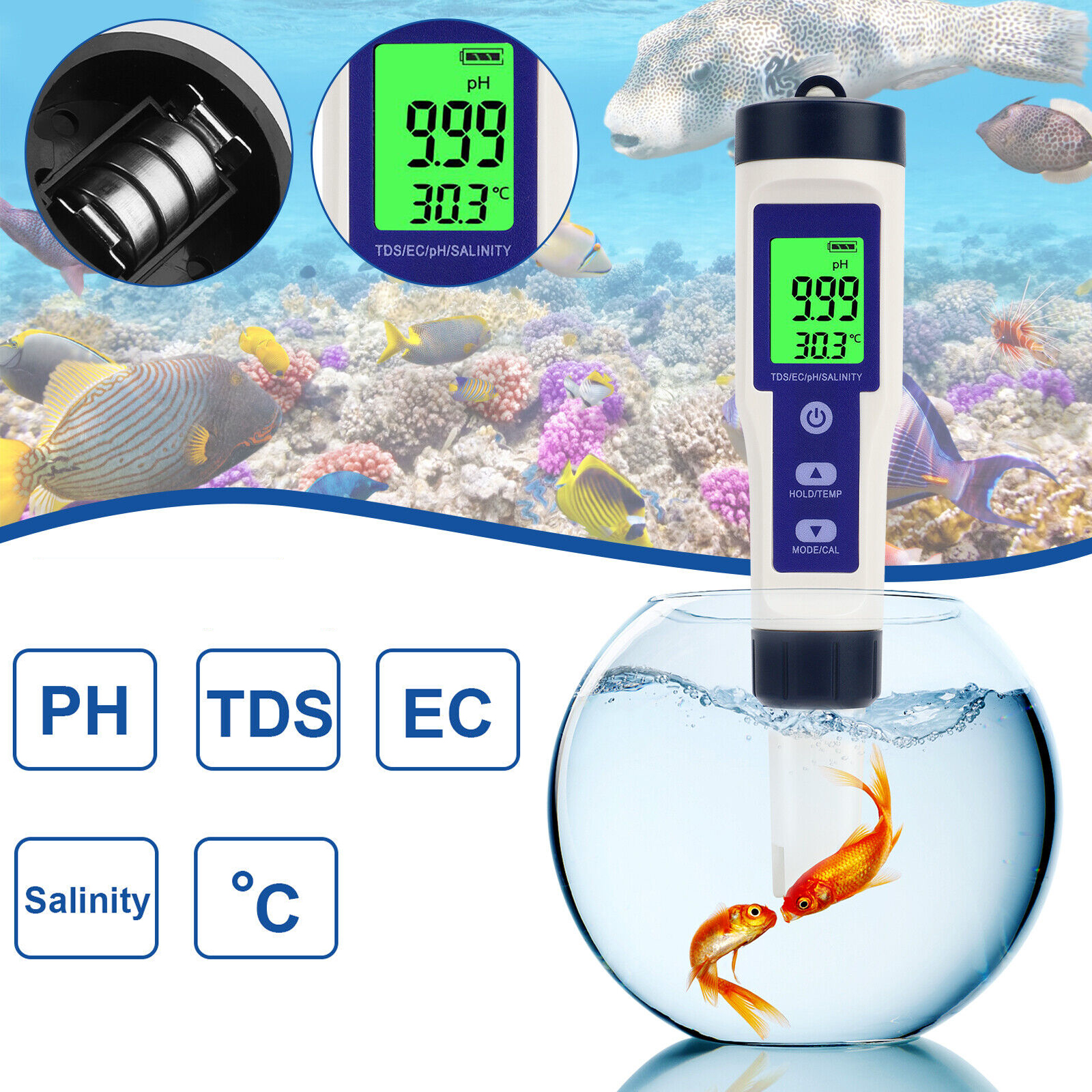 Digitální Měřič Ph 5 V 1, Tester Vody S Podsvícením Tds/ec/slanost/teplota