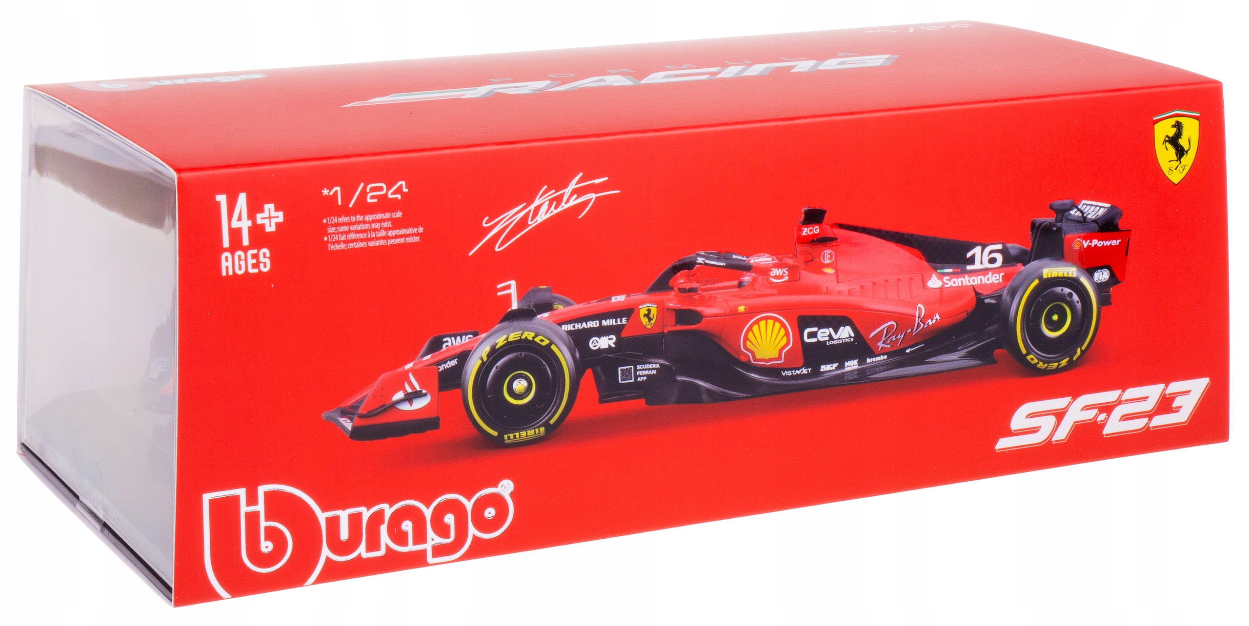 Ferrari SF-23 Bolid F1 Model Kovový Bburago 1:24 #16 Charles Leclerc Box