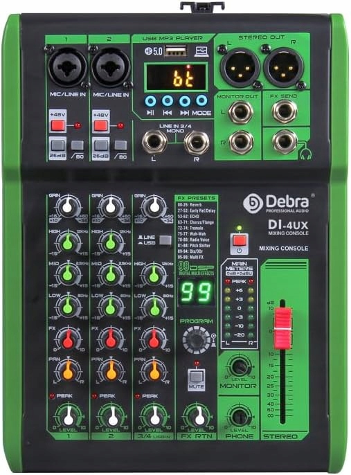 Debra 4-kanálový audio mixér s 99 Dsp efekty, Usb a Phantomovým napájením