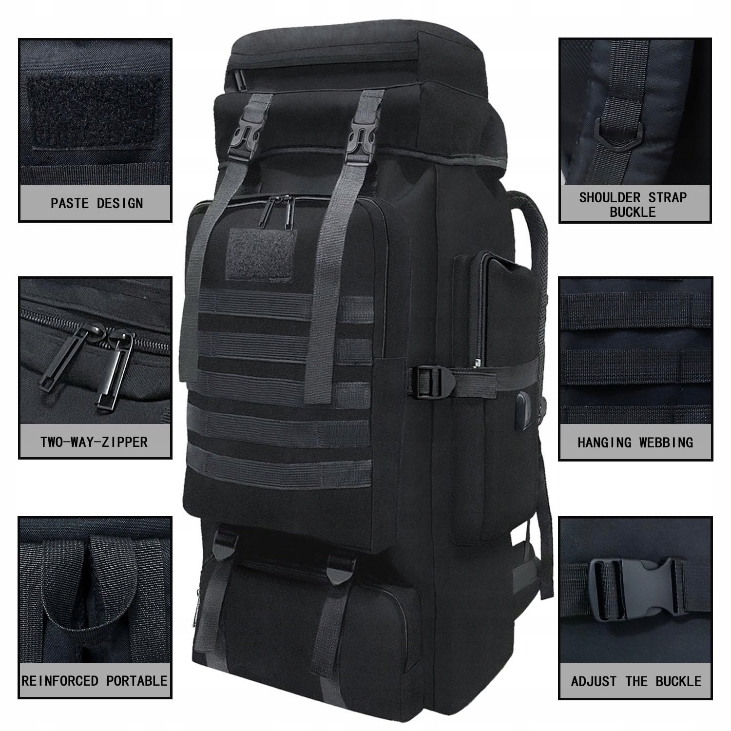 WESOKE Plecak Taktyczny 80L Wodoodporny Regulowany Czarny Outdoor — miniatura 5