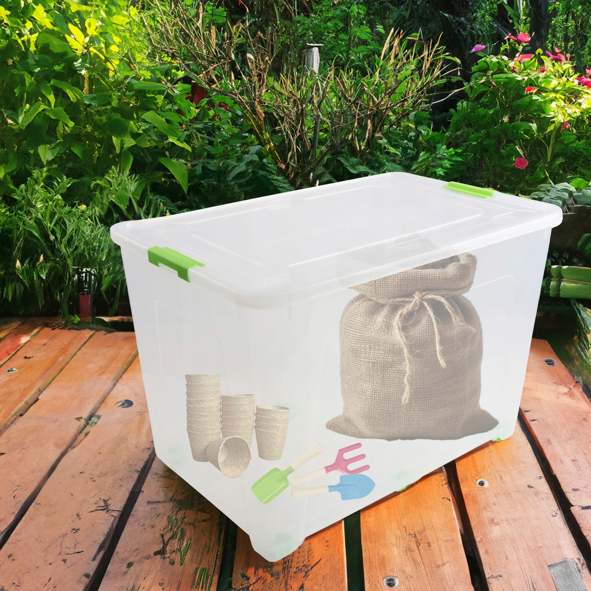 POJEMNIK PLASTIKOWY BOX 70L PRZEZROCZYSTY Z POKRYWKĄ SKRZYNIA NA KÓŁKACH