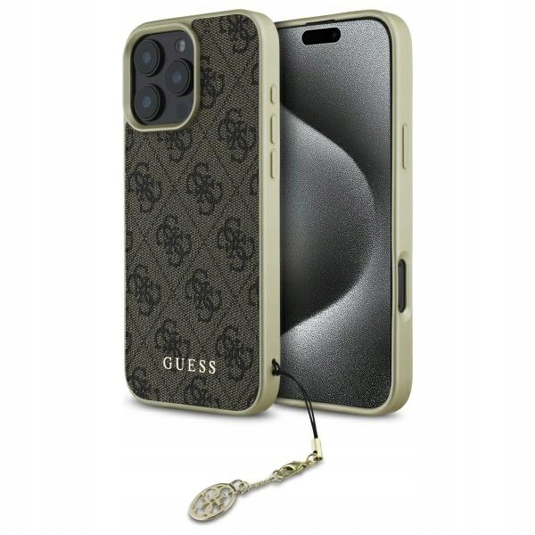 Pouzdro Guess pro iPhone 16 Pro 6.3", hnědé, 4G Charms Collection