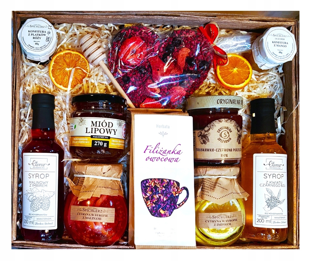 Duży Kosz Prezentowy Upominek Herbata Miód Czekolada Syrop Malina