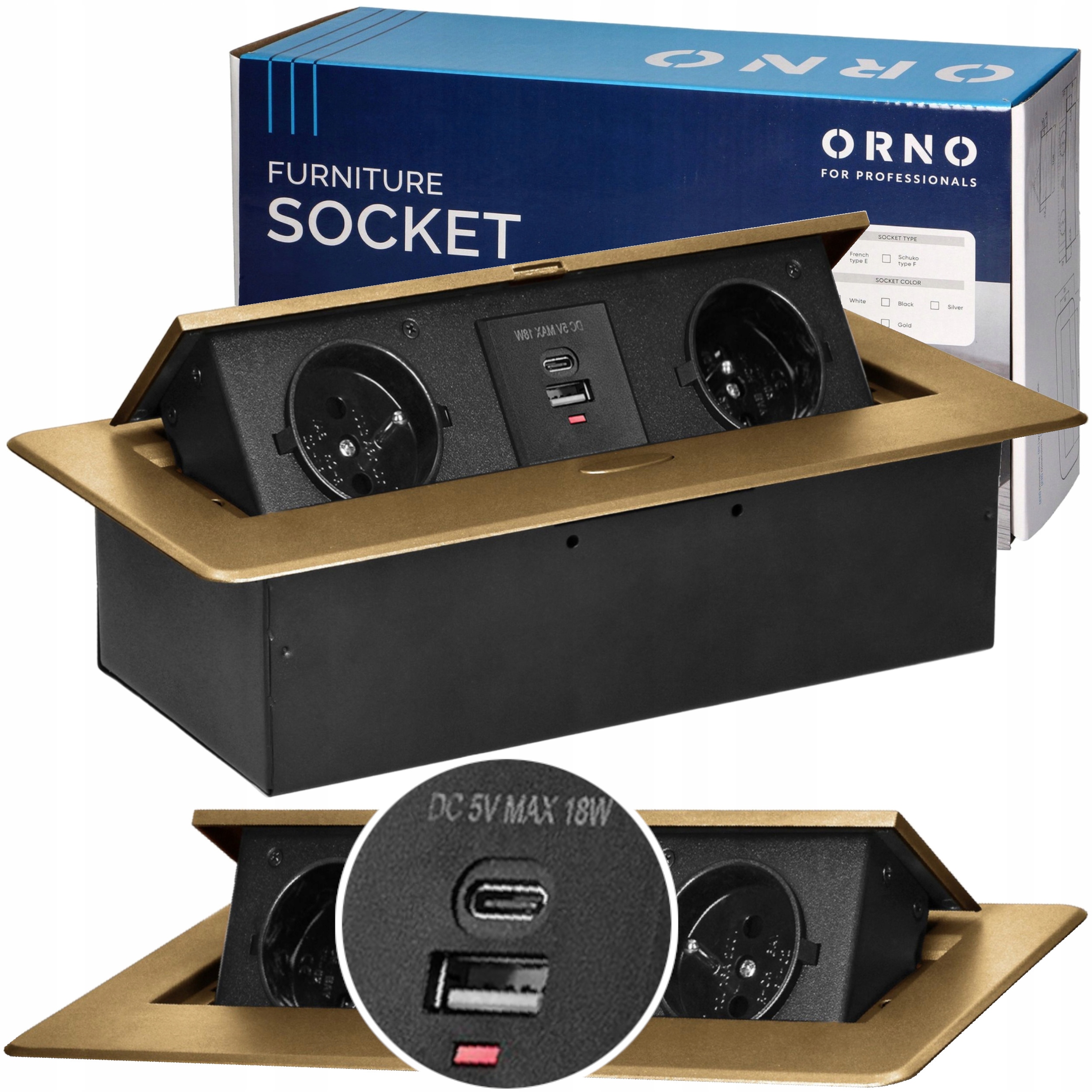 Gniazdo Wpuszczane Chowane w Blat Nablatowe Ładowarka Usb-c Usb Złote