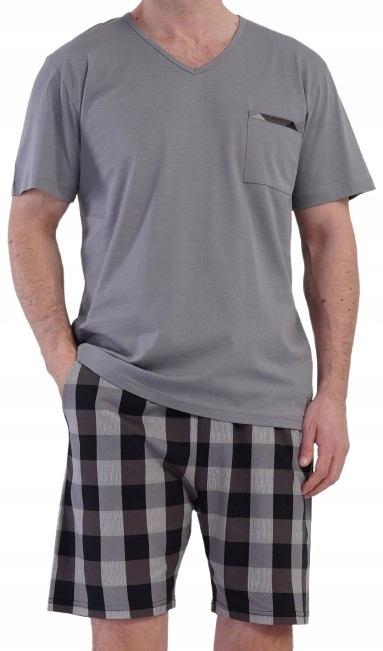 Klasické Pyžamo Tričko S Kapsou Výstřih Do V Kostkované Šortky M