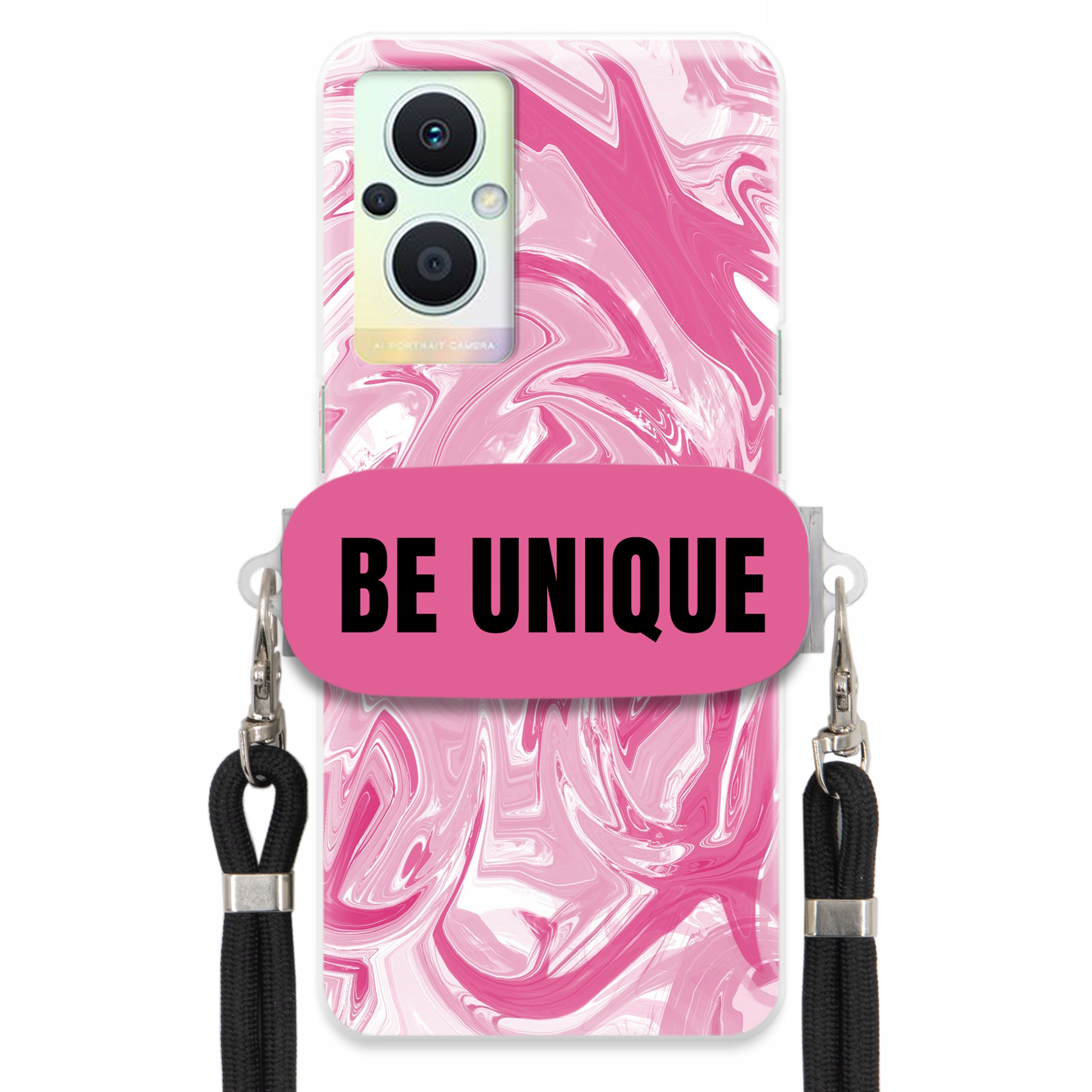 Puzdro pre Oppo Reno 8 Lite Case držiak na šnúrku Čierna Ružová Mramor Unique