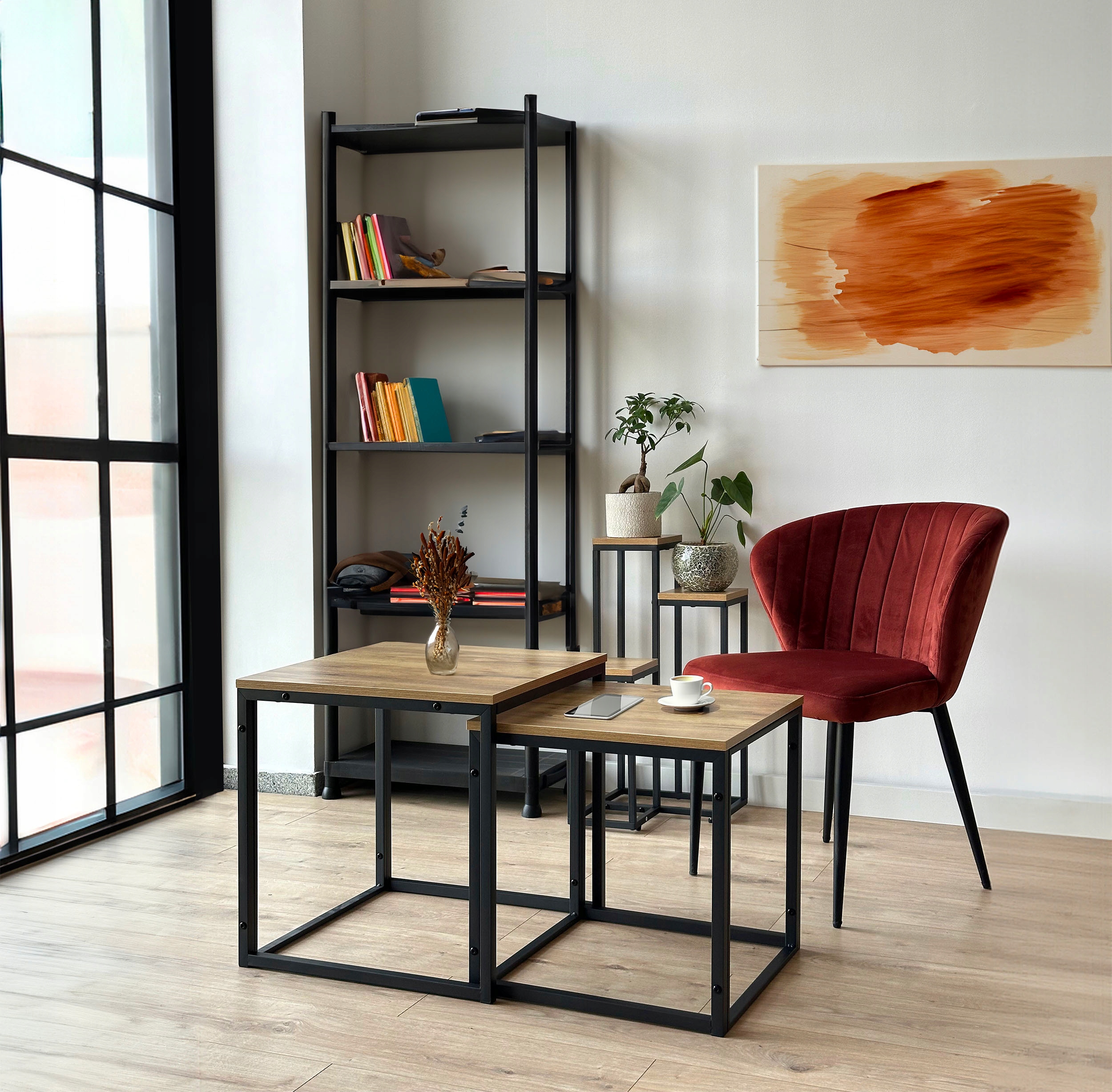 Kávové Stolky Sada 2V1 Loftová Lavice Industriální Dub Craft Obývací Pokoj Čtverec