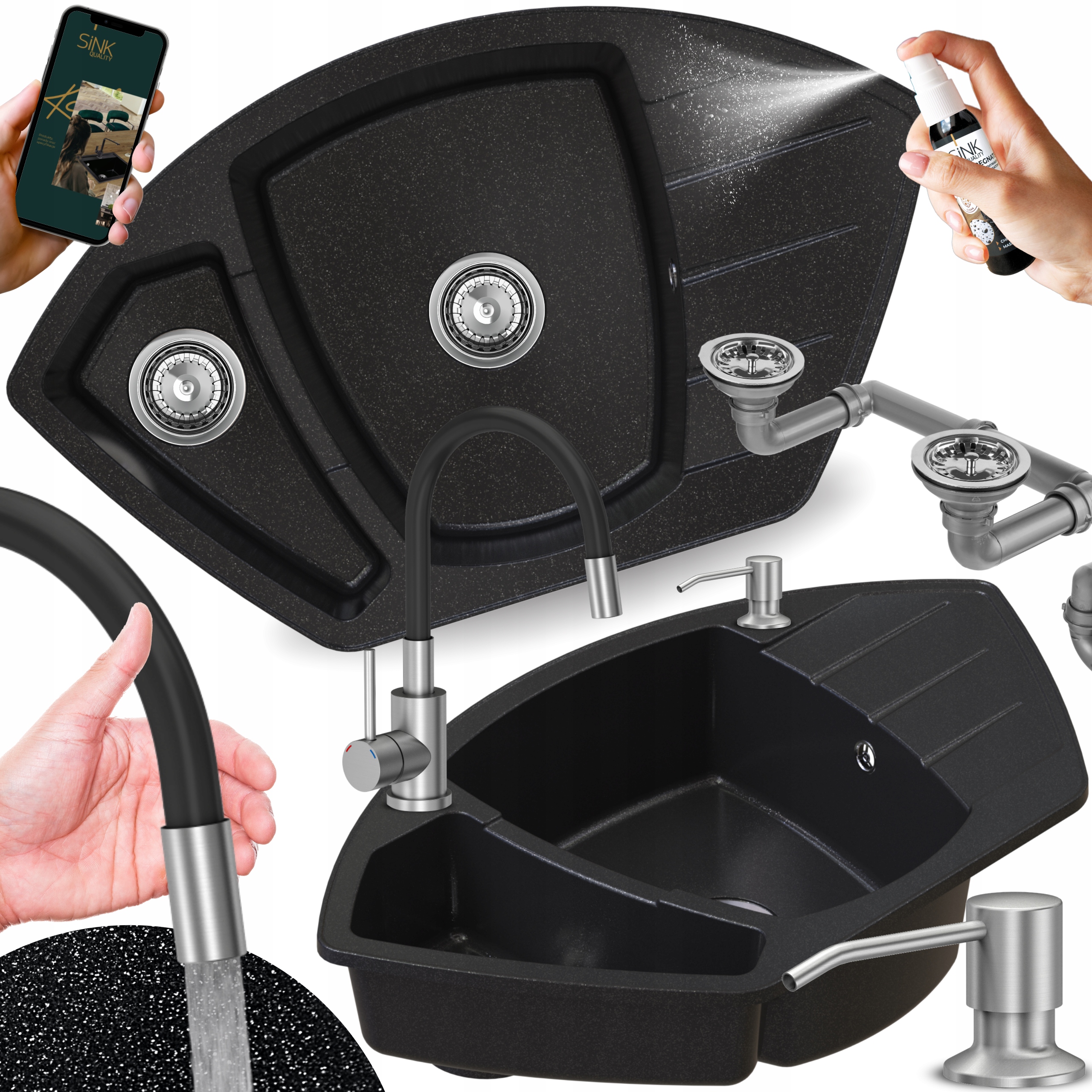 Dřez rohový dřez s odkapávačem, půlkruhový, s baterií