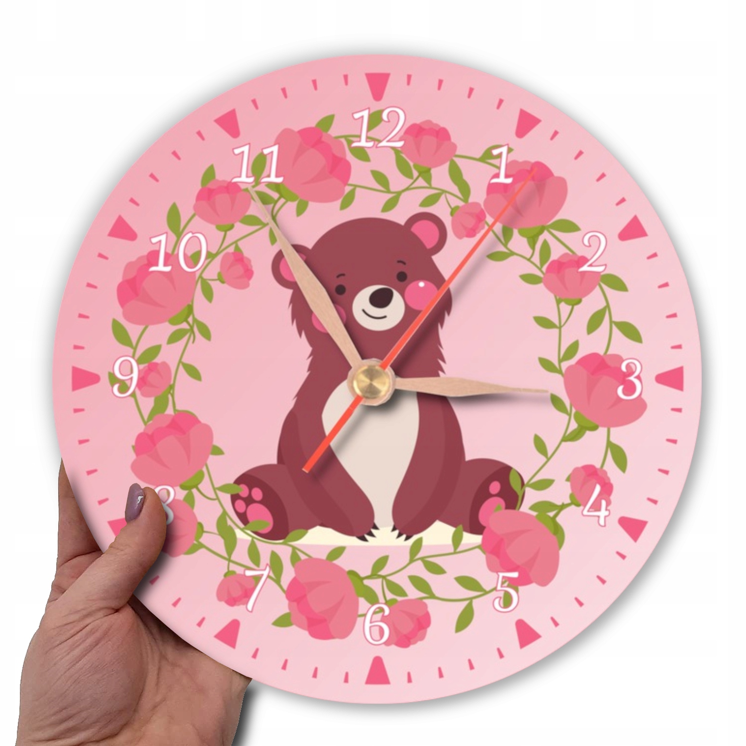 Różowy zegar ścienny z misiem zwierzątka miś Zasilanie baterie