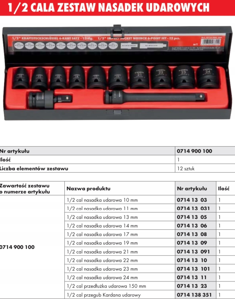 ZEST.NASAD.UDAR. HEX.KRÓTK.1/2CAL 12SZT. Wurth EAN (GTIN) 4058794466249