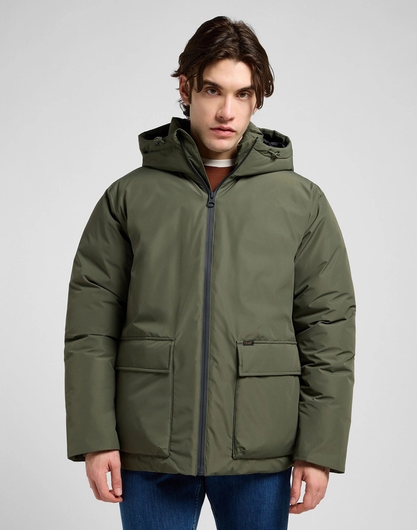 Pánská péřová bunda Lee Hooded Short Puffer Olive Gray 112370434 XXL