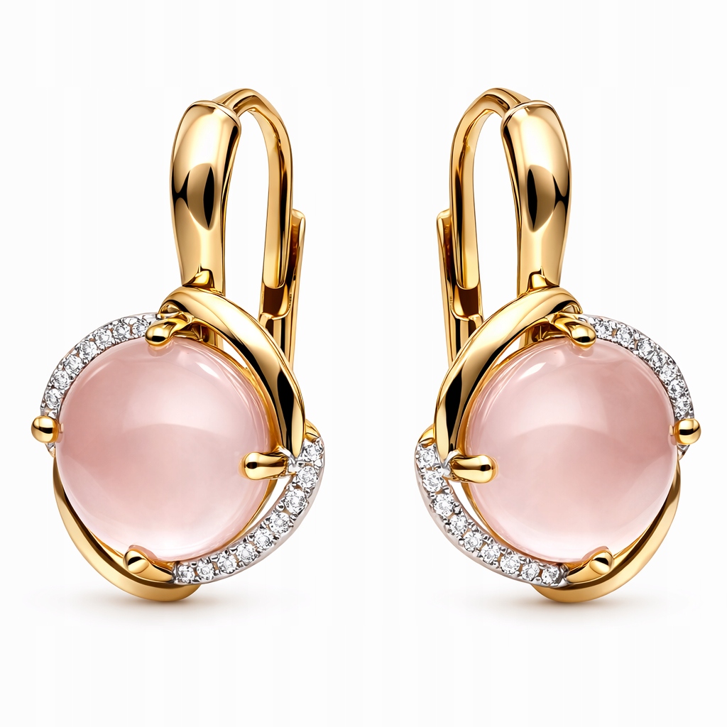 Náušnice zlaté Au 585 Růžový křemen a diamanty