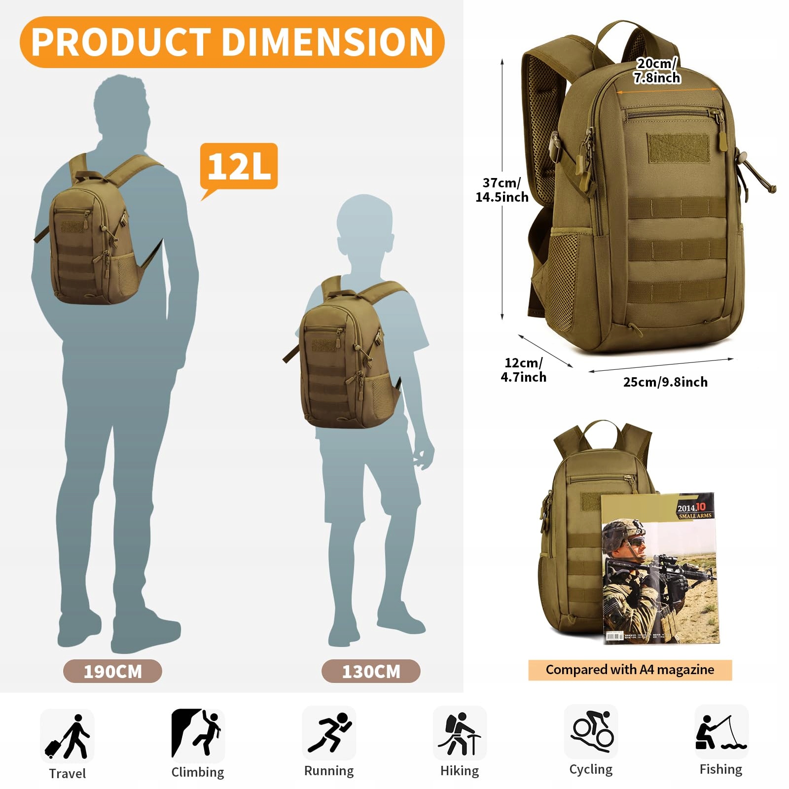 HUNTVP Plecak Takticzny 12L Wodoodporny Molle Outdoor Sportowy Unisex — miniatura 2