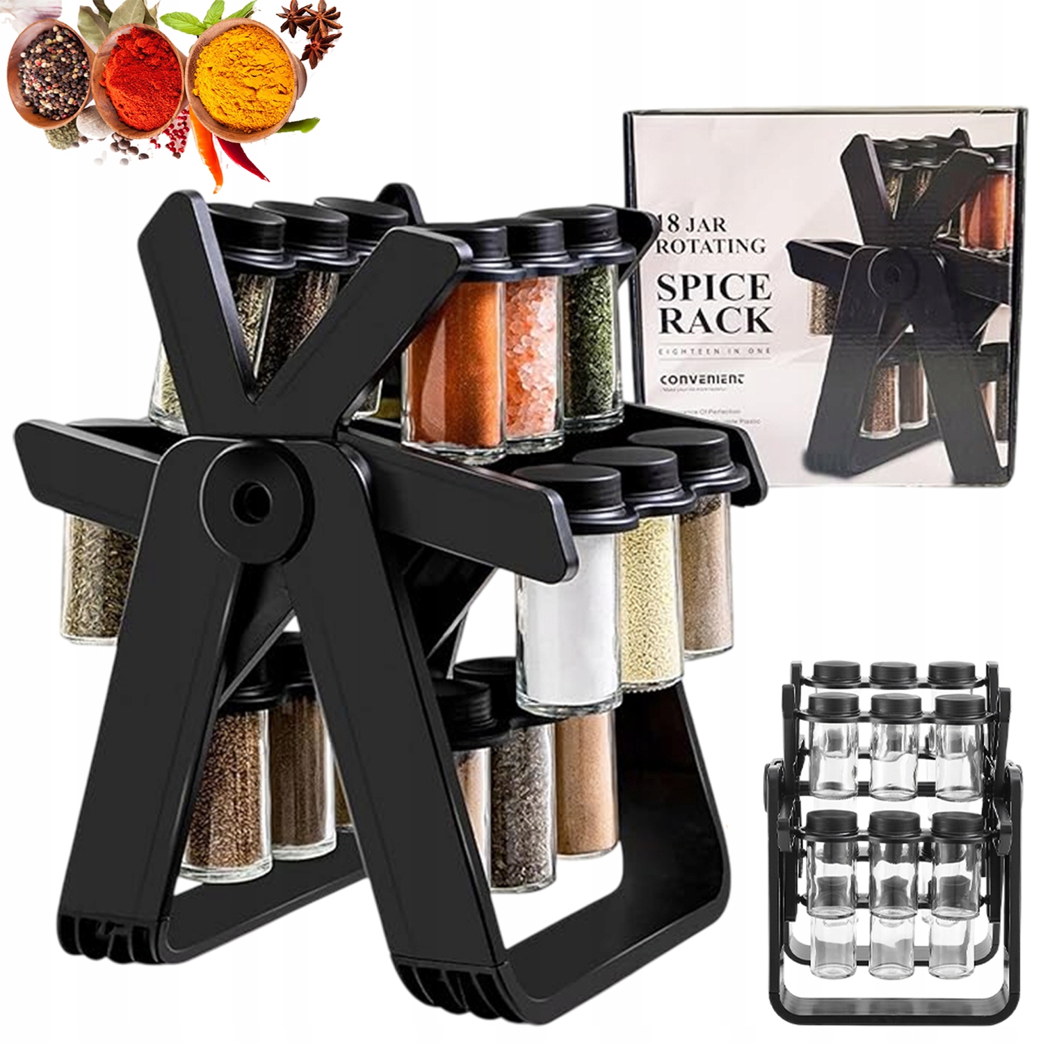 otočný organizér na koření 360°, otočný stojan na 18 sklenic s kořením