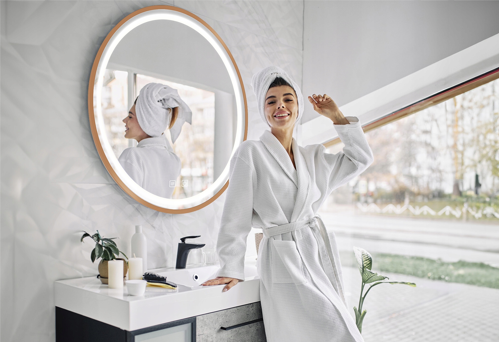 LUSTRO WISZĄCE PODŚWIETLANE LED RÓŻOWE ZŁOTO ROSE GOLD RAMA OKRĄGŁE 50cm Rodzaj zwykłe